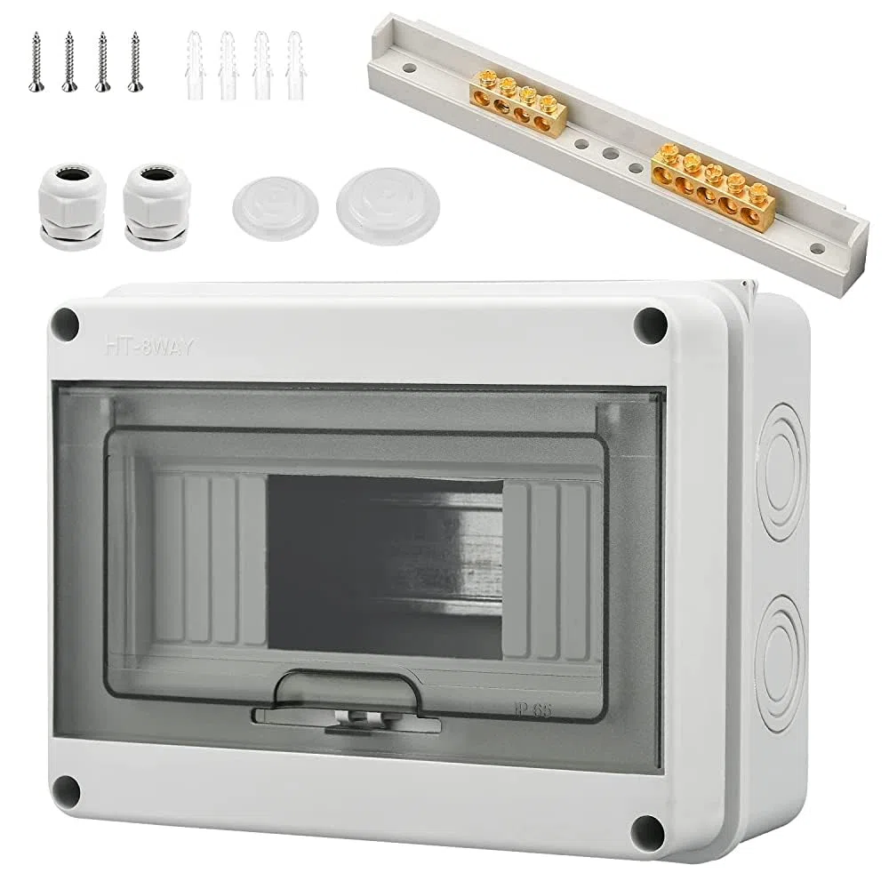 Quadro Elettrico Esterno, 8 Moduli Scatola Stagna IP65, Con 4 Terminali, 2 Connettori, per Esterni, Giardini, Stazioni di Ricarica, siti Industriali (8 Moduli)