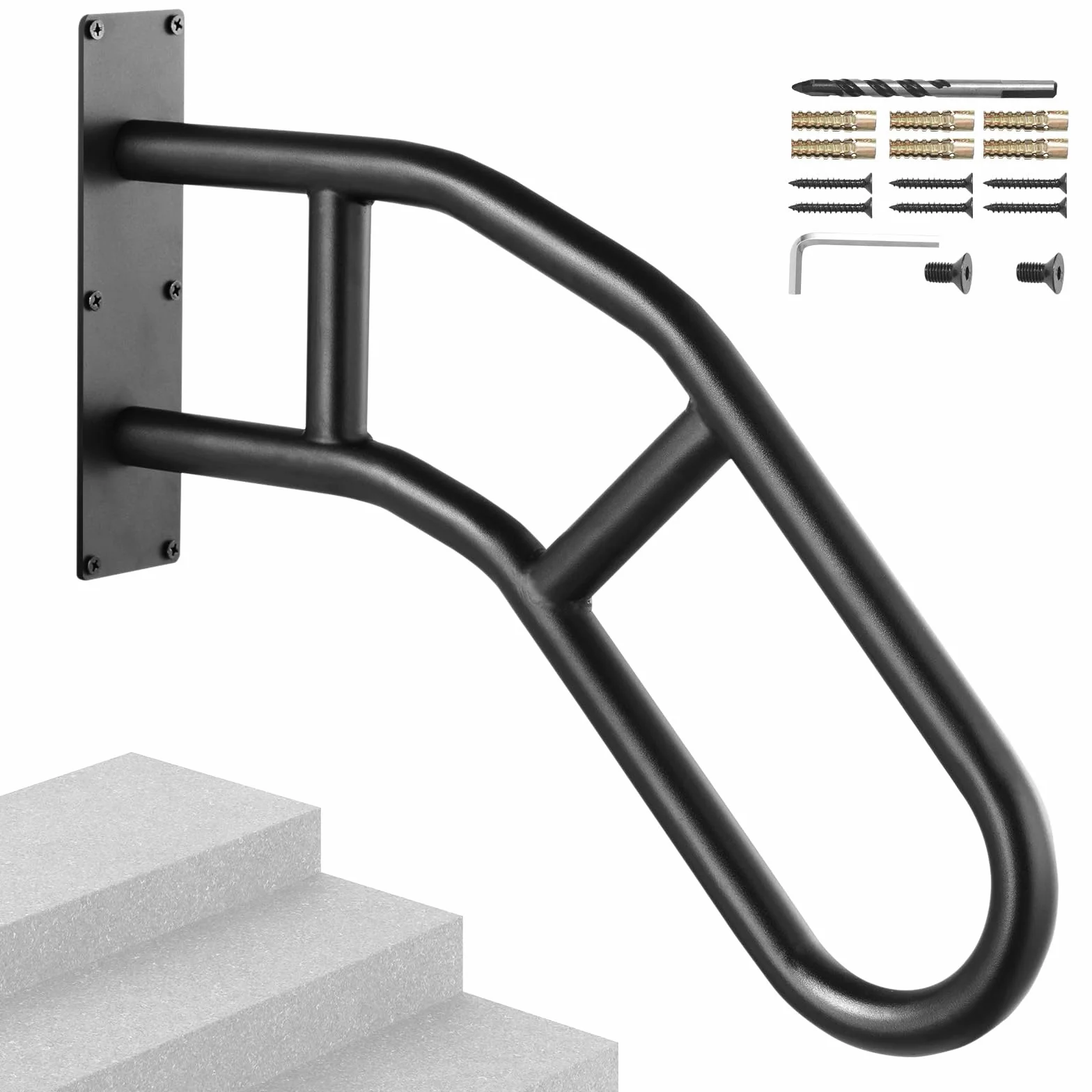 VEVOR Corrimano per Gradini Esterni Lunghe 813 mm Ringhiere di Sicurezza da Parete per 1-3 Gradini, Corrimano a Forma di U con Finitura Nera Opaca, Corrimano per Scale per Bambini, Anziani, Disabili