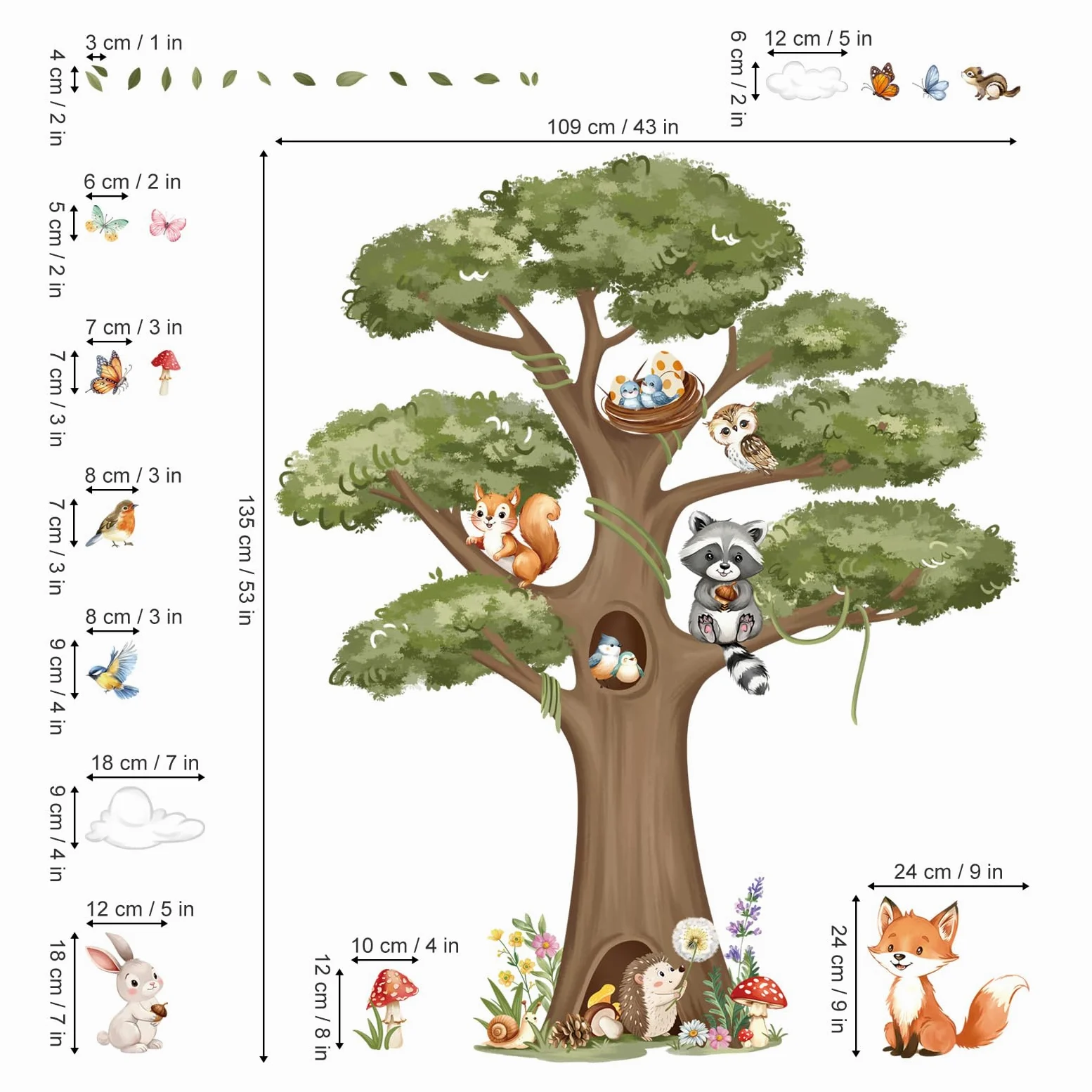 decalmile Adesivi Murali Animali Foresta Albero Grande Adesivi da Parete Animali del Bosco Volpe Coniglio Decorazione Murale Asilo Nido Camerette Bambini Camera da Letto