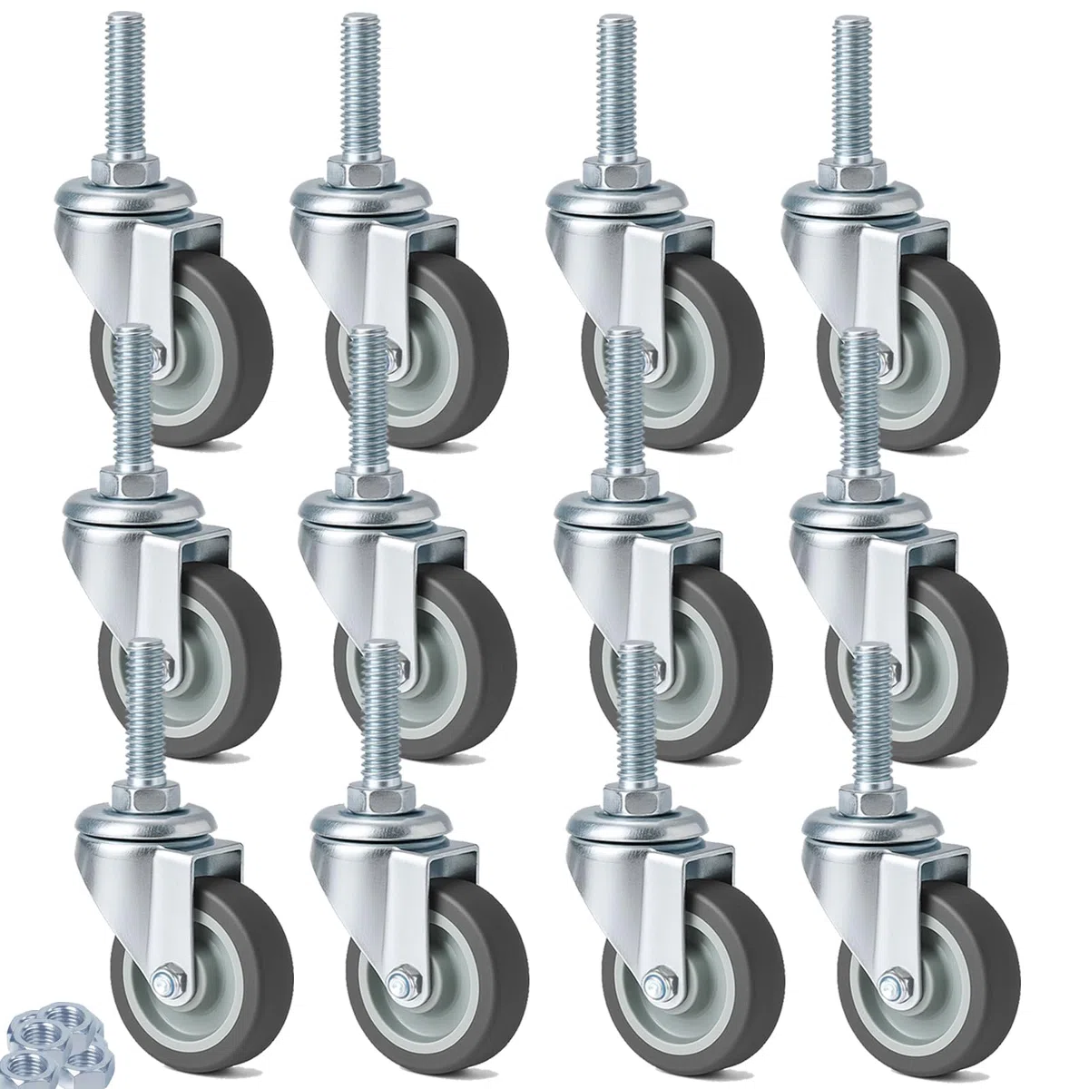 Set di 12 Ruote per Mobili da Perno Filettato M10 x 1,5 x 30 mm, Ruote per Carrello 50mm - Capacità 50 kg per Ruota, Silenziose e Resistenti Rotelle Girevoli a 360 Gradi per Tavolo, Armadio