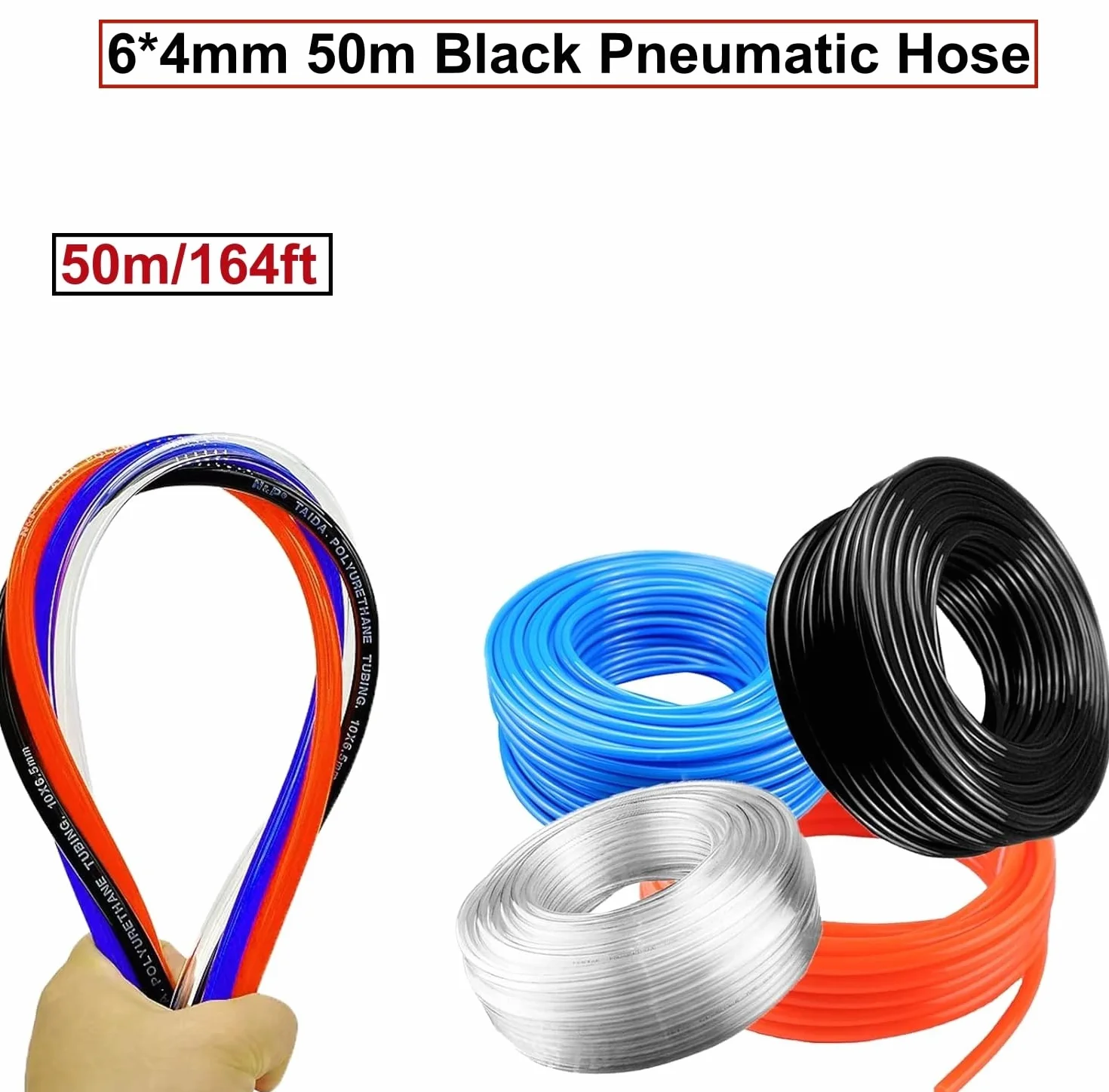 Tubo pneumatico in PU nero HUAZIZ 50 M, tubo pneumatico in poliuretano, tubo flessibile per aria compressa, esterno 6 mm x interno 4 mm + 1 pezzo di tagliatubi blu +1 pezzo di nastro in teflon rosa