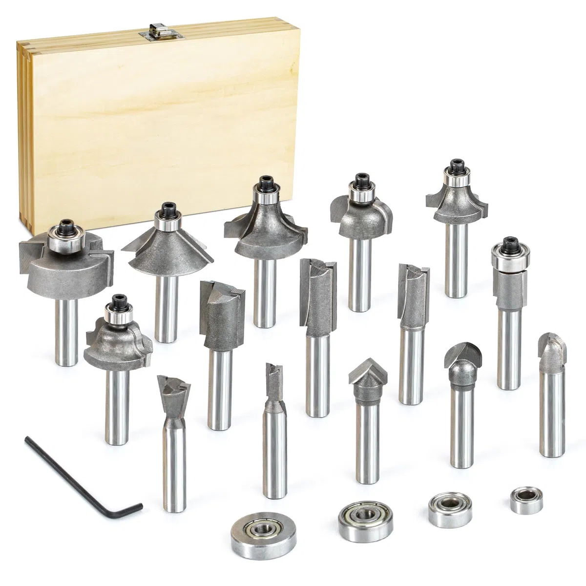 Set 20 Pezzi Frese per Legno con 4 Cuscinetti, Gambo 8mm, Realizzato in Materiale YG6X, per La Lavorazione e Fai da te