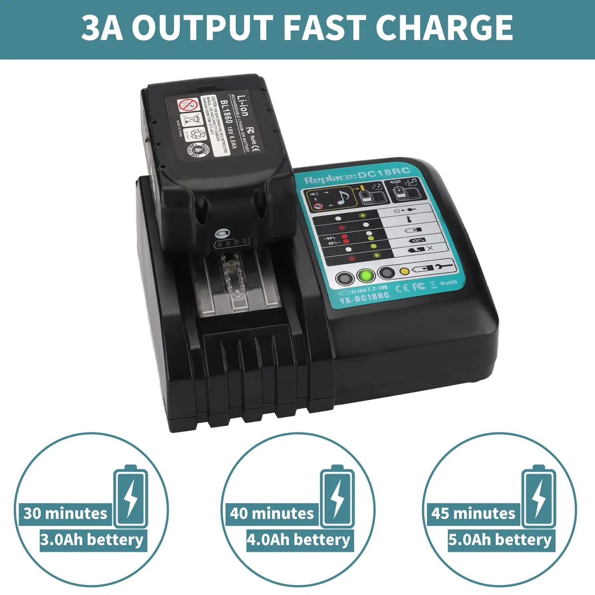 Caricatore da 3 A per batteria Makita 18 V, DC18RC 14,4 – 18 V, per BL1850/BL1860B/BL1830B/BL1840B, batteria Li-ion, ricambio per DC18SF/DC18RD/DC18RA (spina UE)