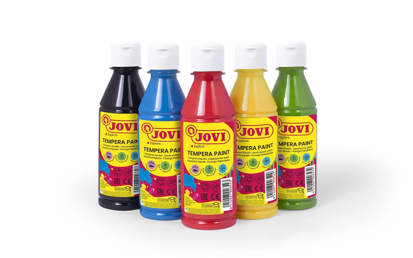 Jovi - Guazzo liquido, Astuccio 6 vasetti da 250 ml, Colori primari, Vernice a base di ingredienti naturali, Facile da lavare, Senza glutine, Ideale per la scuola (502/6A)