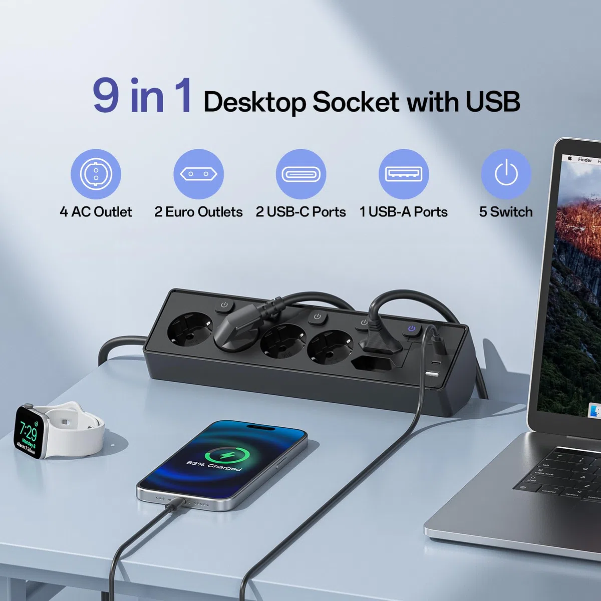 Ciabatta Multipresa con USB, 6 Prese di Corrente e 3 USB, PD 30W Ciabatta Elettrica with Surge Protection, Multipresa Elettrica di da 2 M con Interruttore per Scrivania, Ufficio, Casa