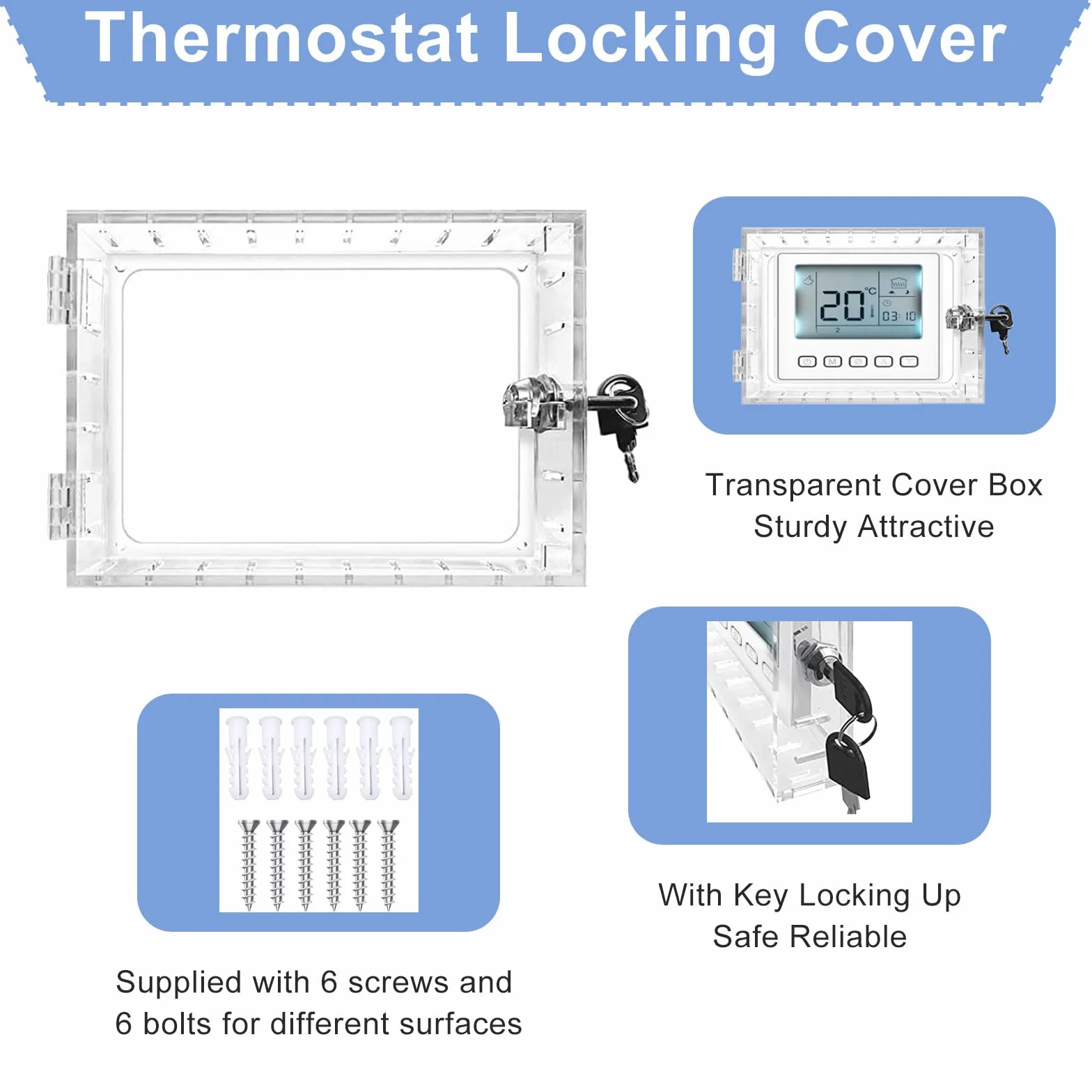Scatola Di Blocco Del Termostato Con Chiave 18,5 x12Cm - Cassetta Di Sicurezza Con Coperchio Di Protezione - 6 Viti E 6 Viti Di Espansione Incluse