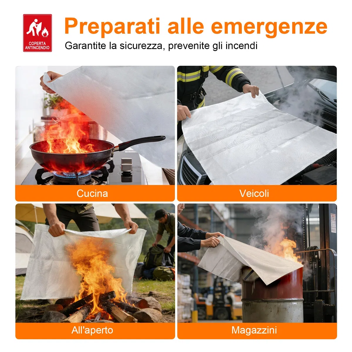 GRIFEMA 2 pezzi Coperta antincendio, 100x100 cm in Fibra di Vetro, Per Emergenza in Casa, Auto, Ufficio, Barbecue, Camino & Magazzino, GA3002