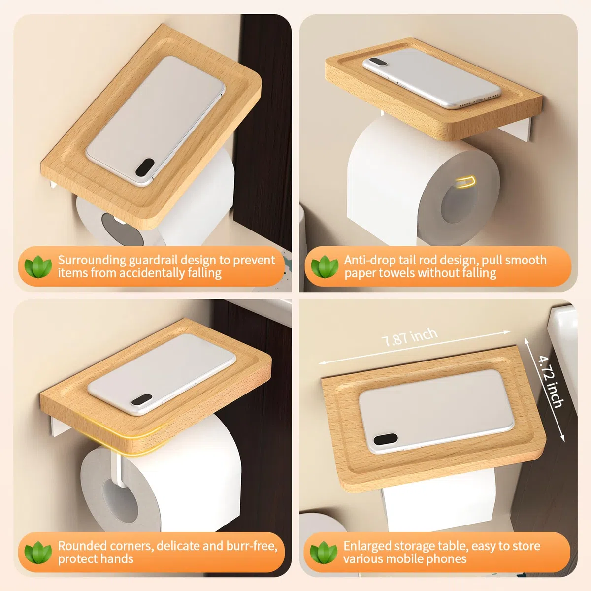 AIKER Porta Carta Igienica,Porta Carta Igienica Adesivo In Legno Di Faggio Naturale Di Buona Qualità Senza Foratura,20 Cm Porta Carta Igienica Da Muro Squisito In Legno Massello Europeo-Cucina/Bagno