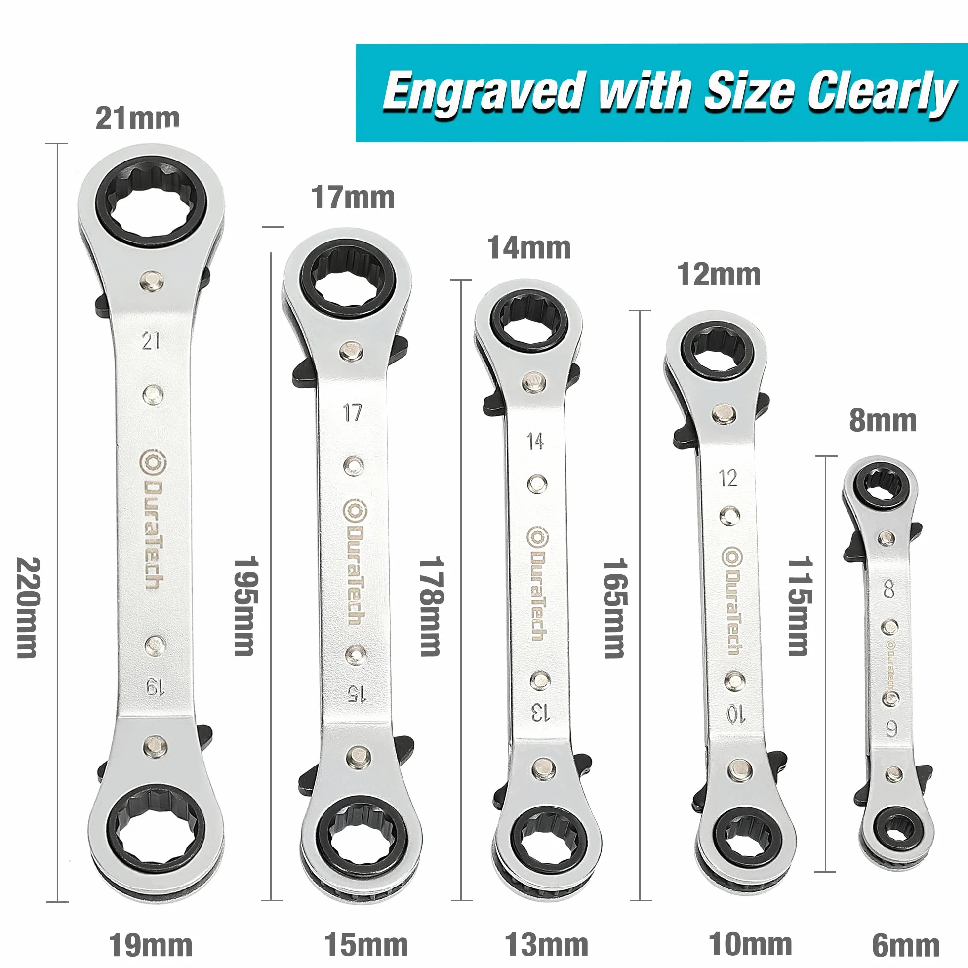 DURATECH Set di 5 chiavi a cricchetto reversibili a doppio anello, 6 mm-21 mm, con custodia per il trasporto
