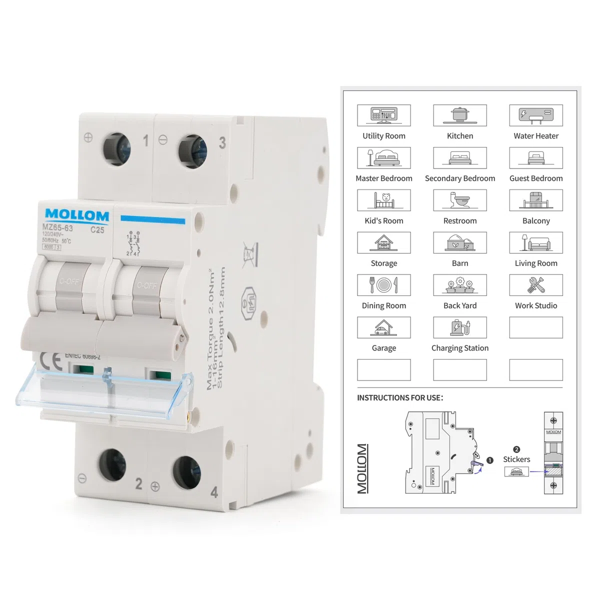 MOLLOM AC 2P Interruttore automatico miniaturo,110V-240V 25A,nterruttore termomagnetico MCB personalizzato con visualizzazione della scena,capacità di interruzione 6KA per sistema AC solare