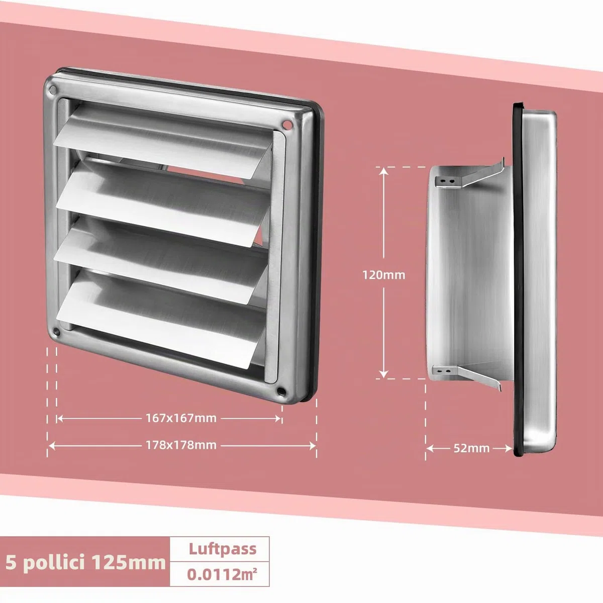 Griglia di ventilazione in acciaio inox con protezione dalle intemperie, griglie di ventilazione 100 mm, 125 mm, 150 mm con lamelle mobili