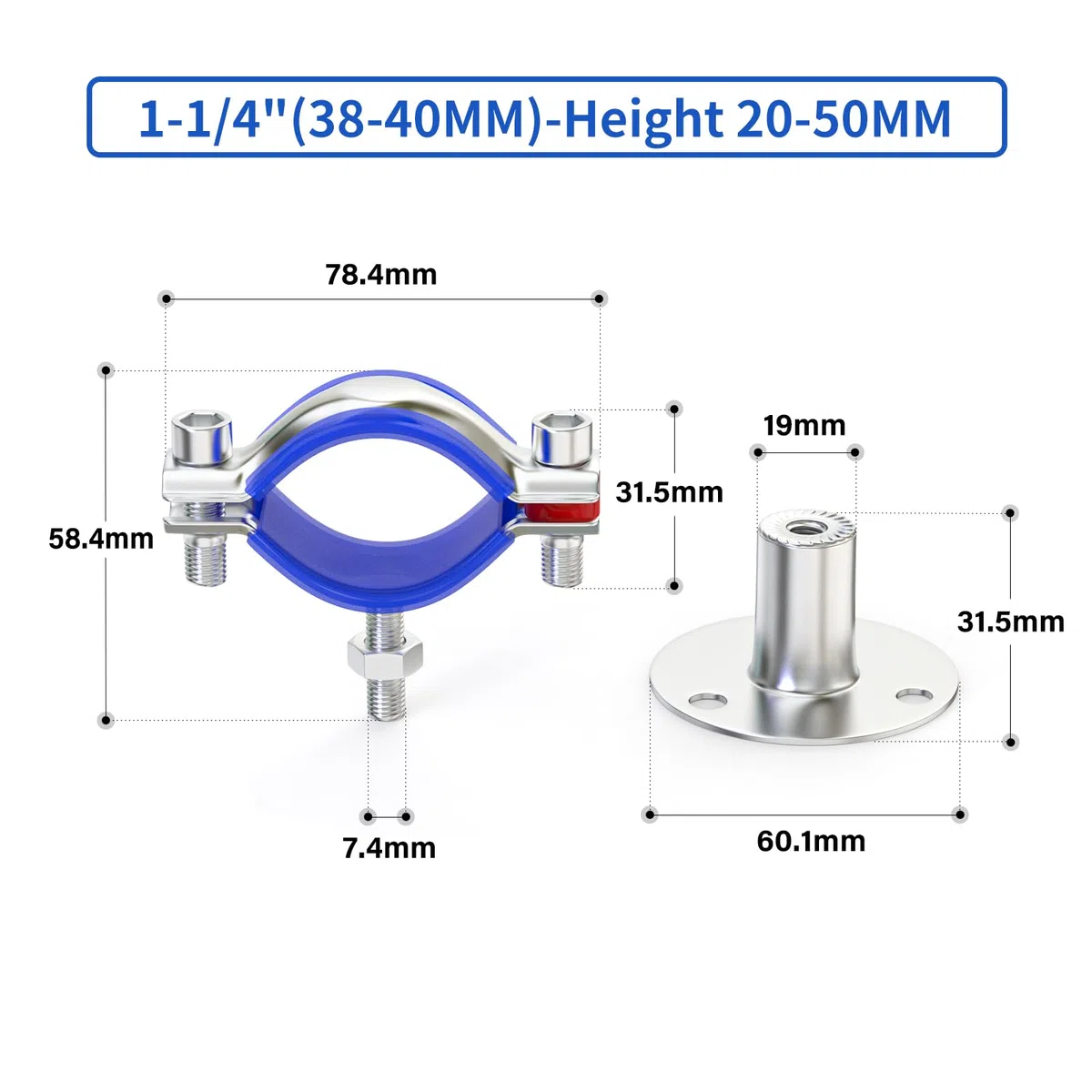 4 pezzi di supporti per tubi in acciaio inossidabile 304 per montaggio a parete e a soffitto, morsetto regolabile con viti per tubi con diametro esterno 1-1/4" (38-40mm), altezza 20-50mm