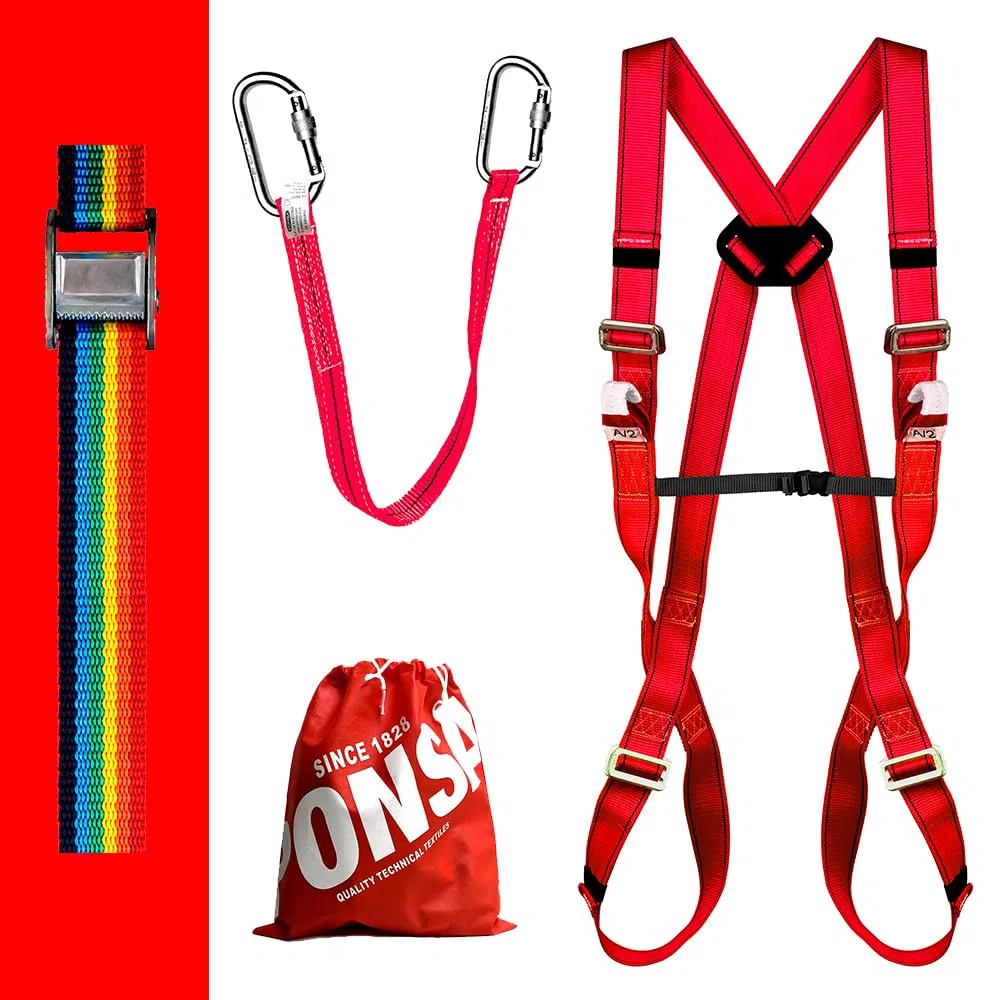 PONSA CGPK7C PLUS - KIT PROFESSIONALE protezione anticaduta: IMBRACATURA DI SICUREZZA ANTICADUTA con 2 punti di ancoraggio + nastro ancoraggio + 2 moschettoni + cricchetto.