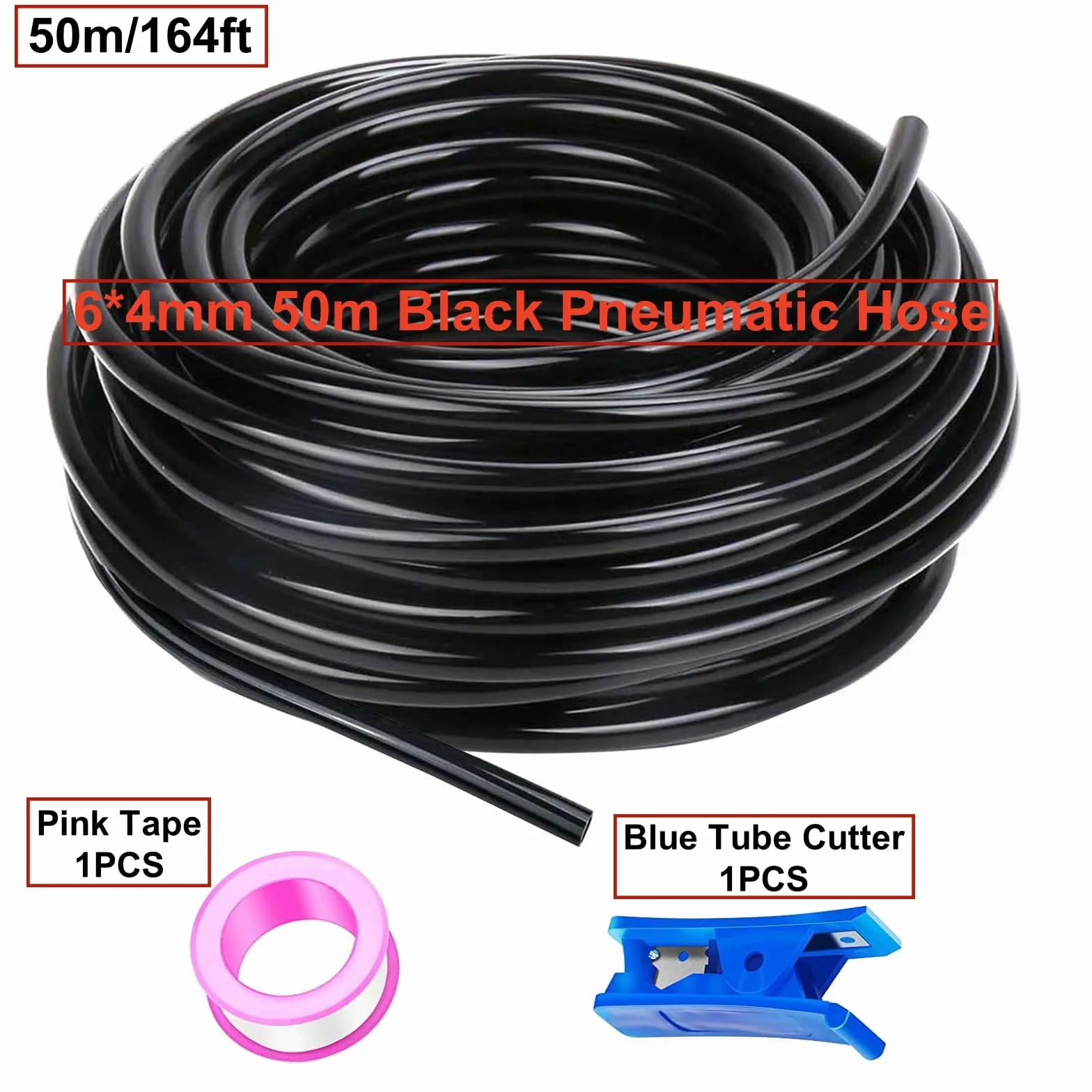 Tubo pneumatico in PU nero HUAZIZ 50 M, tubo pneumatico in poliuretano, tubo flessibile per aria compressa, esterno 6 mm x interno 4 mm + 1 pezzo di tagliatubi blu +1 pezzo di nastro in teflon rosa