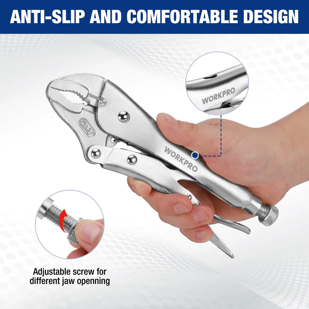 WORKPRO Set 5 di Pinze di Bloccaggio, Pinza Autobloccante con Funzione di Sgancio Rapido, 2 Pinza a Becchi Lunghi, 3 Pinza a Ganascia Curva, per Serrare e Fissare Piccole Parti