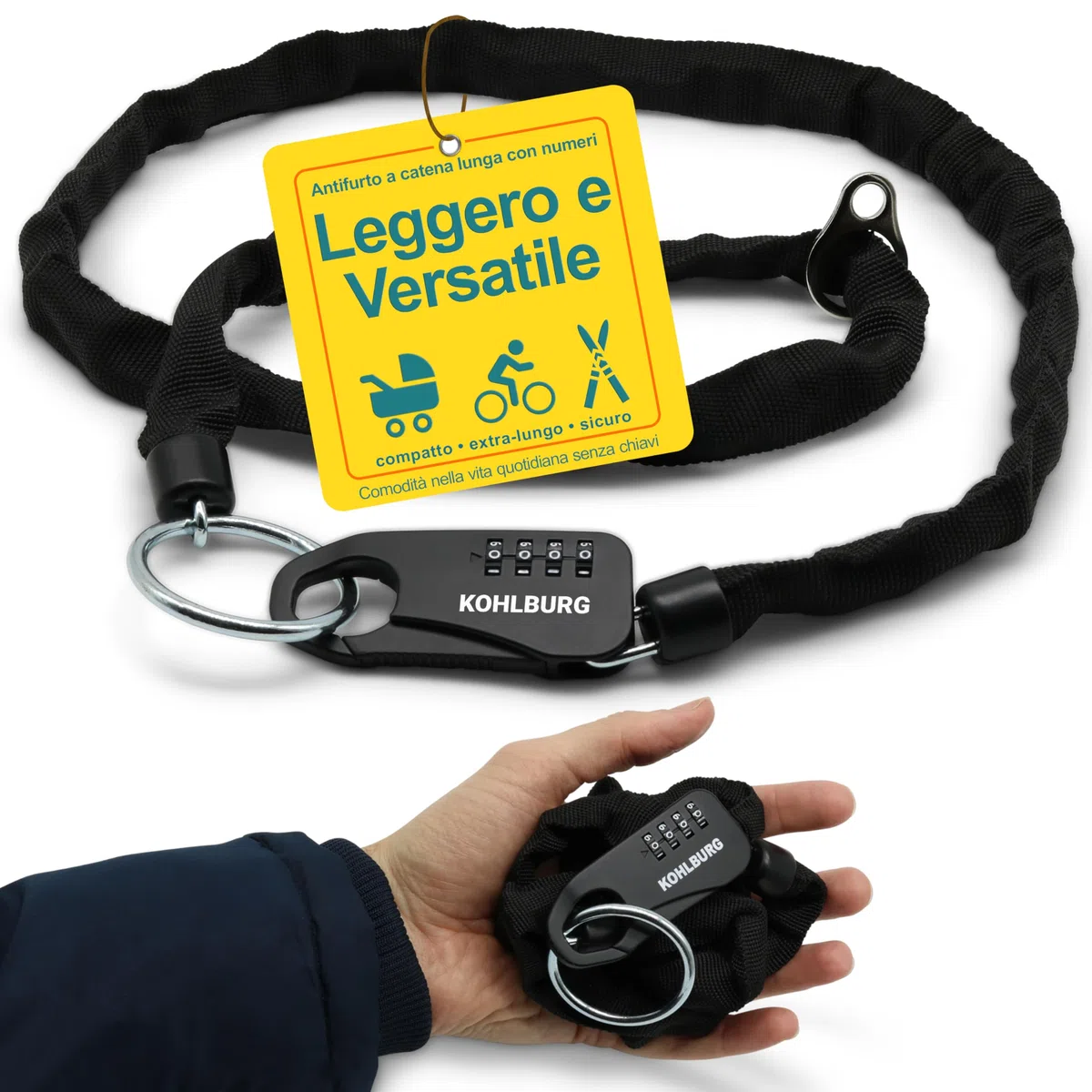 KOHLBURG catena antifurto tascabile e sicura con lucchetto a combinazione numerica – Sicurezza assoluta come lucchetto per passeggini, sci e casco da moto – catena antifurto lunga 129 cm
