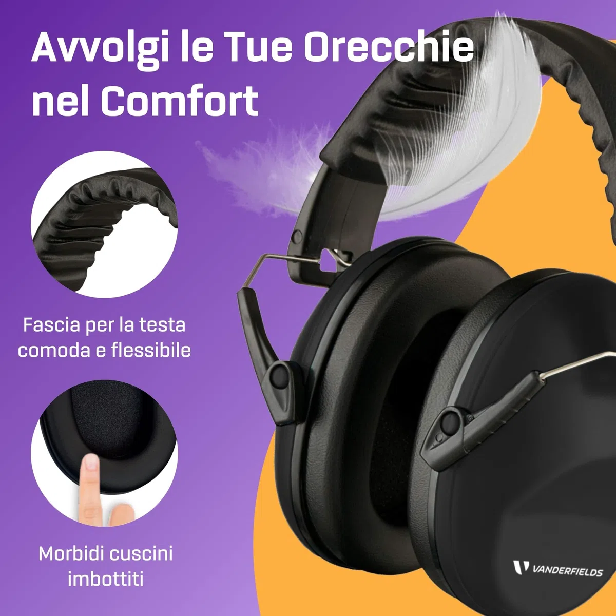 Vanderfields Premium Cuffie di Protezione per l'Udito - Cuffie Antirumore ad Ampio Spettro con Riduzione del Suono 29 dB a 2 K Hz - Adulti + Adolescenti - Nero