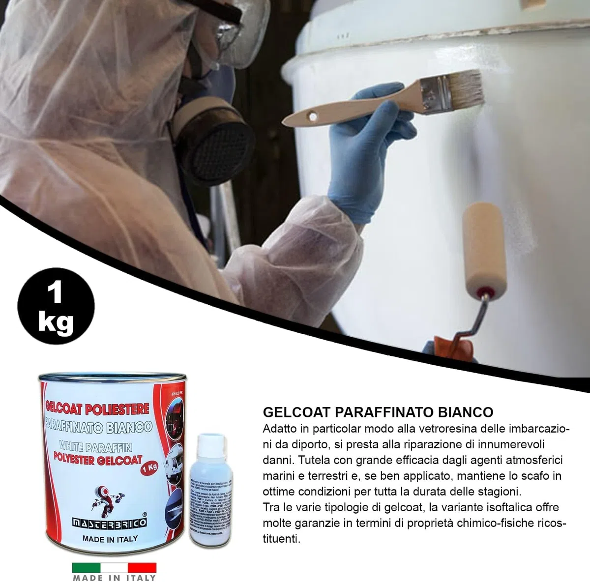 MASTERBRICO Kit Stucco Vetroresina Bicomponente 750 ml + Gelcoat Paraffinato 1 kg – Finitura e Riparazione Professionale per Nautica, Vetro Moto, Laminati e Carrozzeria