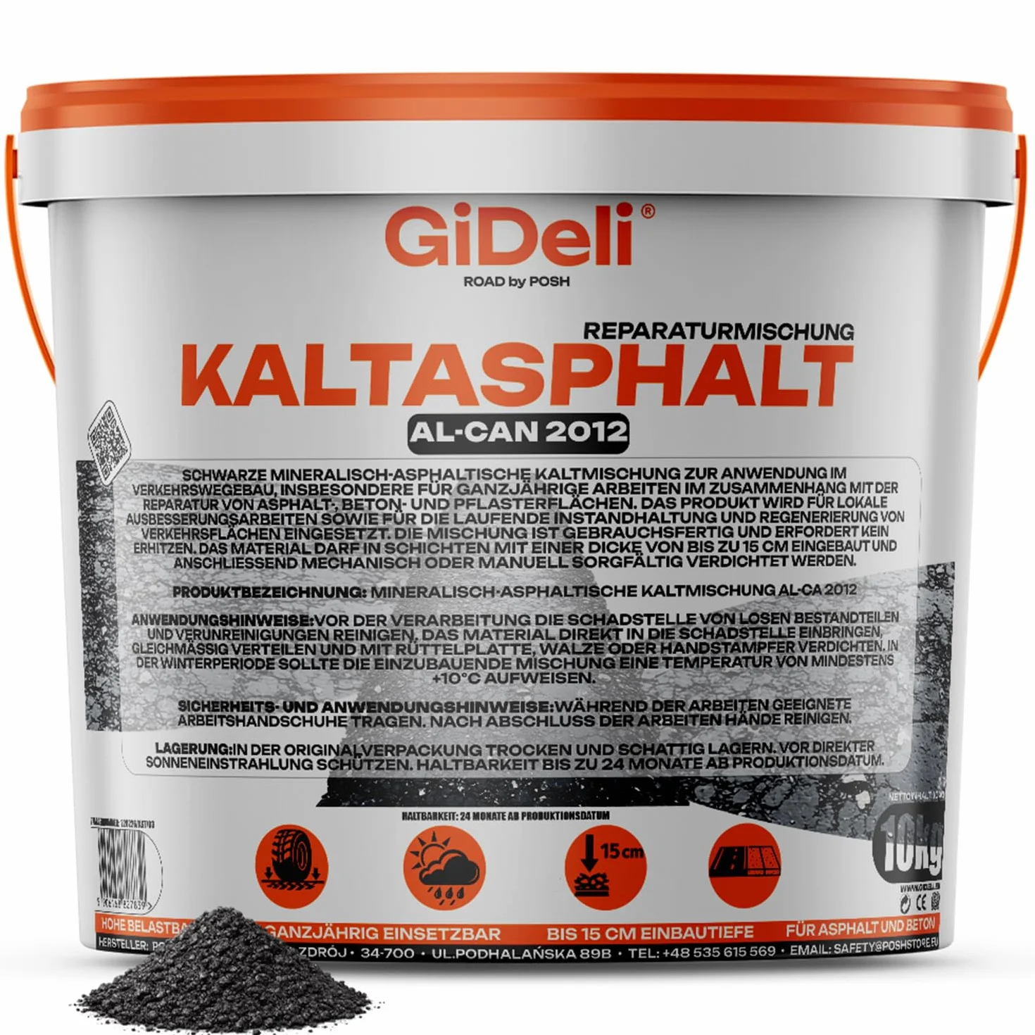 GiDeli Asfalto freddo 10 kg in secchio – pronto all'uso riparazione asfalto – con una grana di 0 – 8 mm – bitume – uso universale