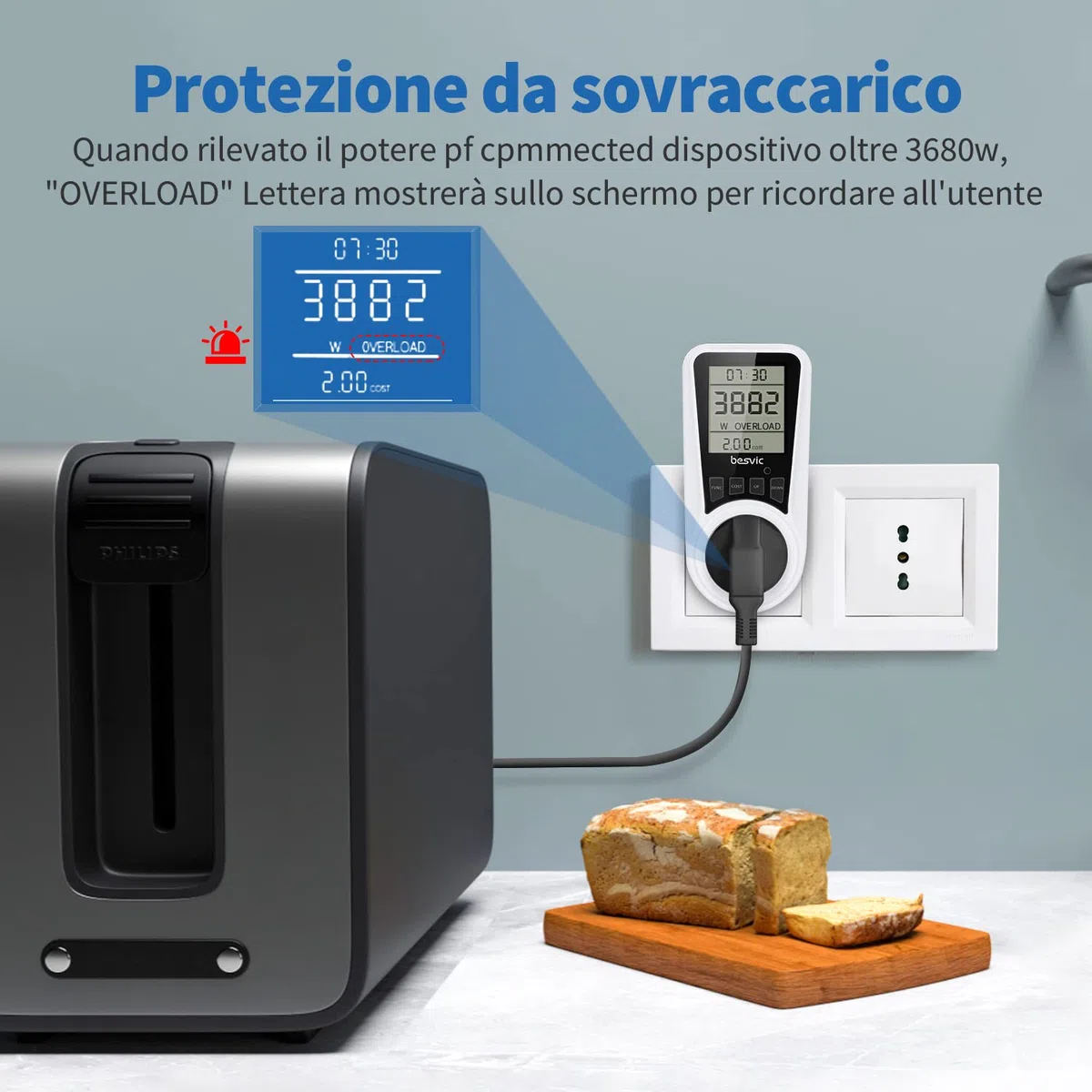 Misuratore Consumo Elettrico, 3680W Misuratore di Potenza Contatore del Consumo di Corrente, Spina Italiana con Schermo LCD, 7 Modalità di Monitoraggio, Protezione da Sovraccarico【1 Pezzo】