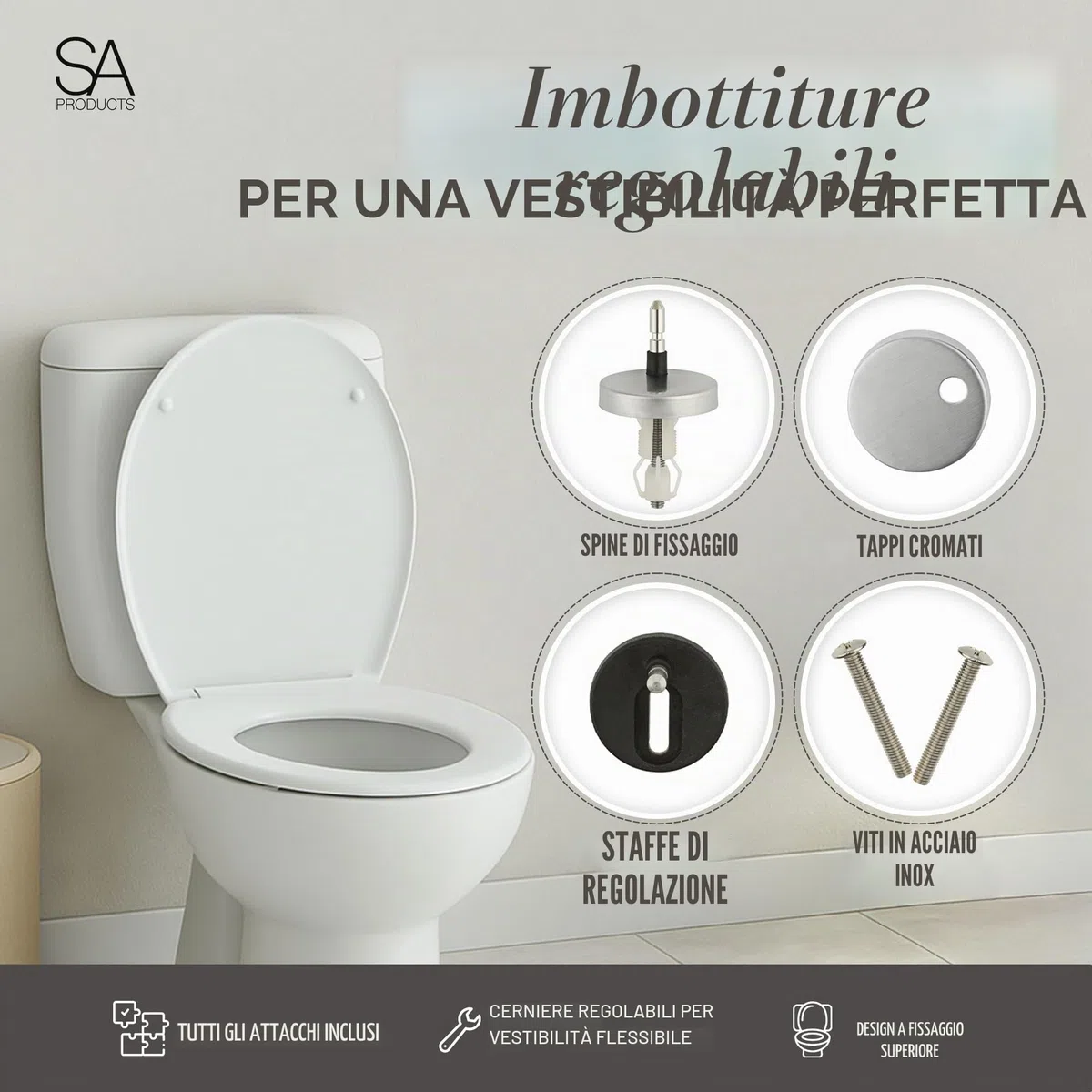 Tavoletta WC Universale con Chiusura Rallentata e Sgancio Rapido - Copriwater Bianco in Termoindurente con Cerniere Regolabili in ABS - Sedile WC Universale 44,1x36,5x5cm - Accessori Bagno