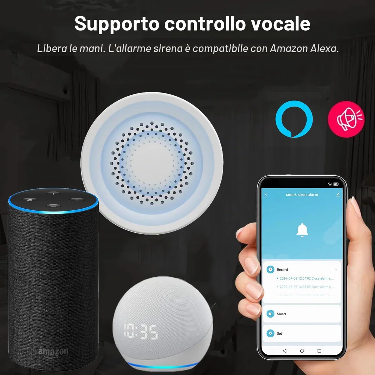 Smart Siren Alarm, Forte 100dB, Allarme Wireless per Sensore Porta Finestra, 32 Tipi di Suoni di Allarme Disponibili