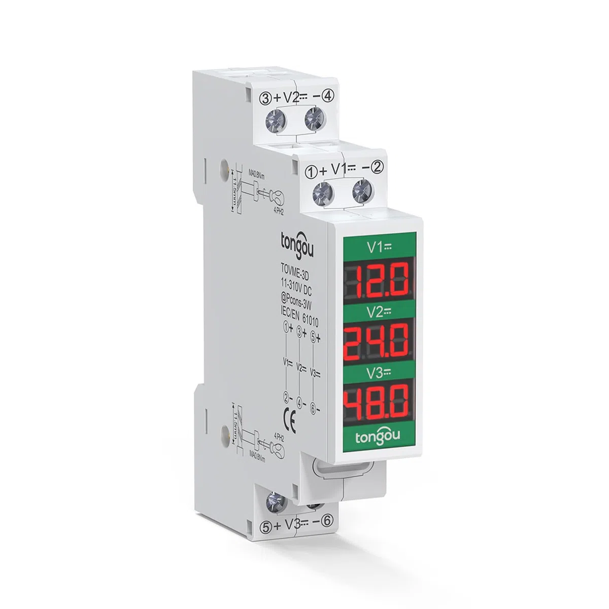 TONGOU Voltmetro Barra Din DC 11-310V, Guida DIN Digitale Voltmetro 3 Visualizzazioni Rosse, Digitale Contatore Misuratore di Tensione LCD per Auto Moto Sistema Solare