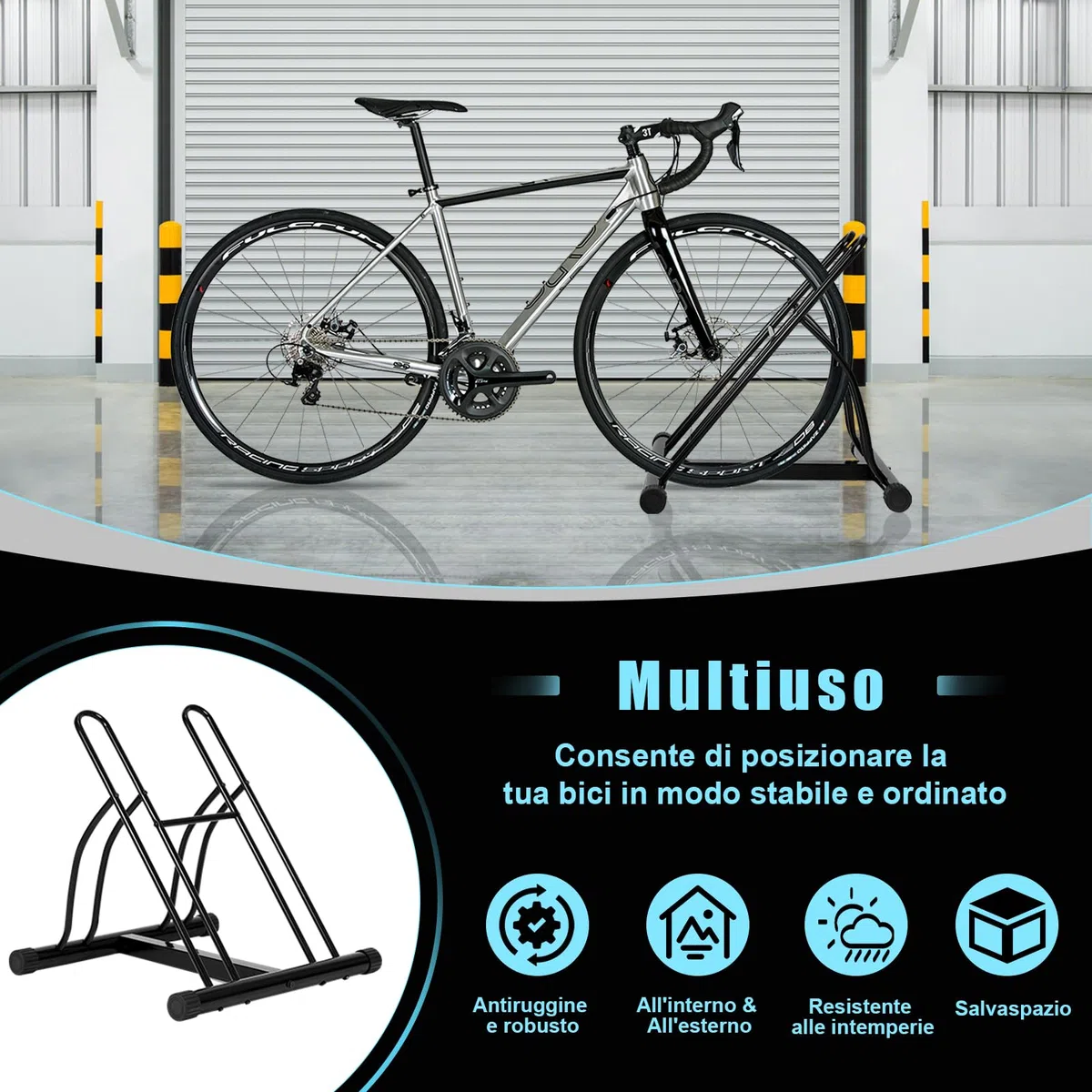 WOLTU Portabici per 2 Biciclette, Portabici da Terra, per Pneumatici da 60 mm Max, in Metallo, Garage, Casa, Giardino, Nero