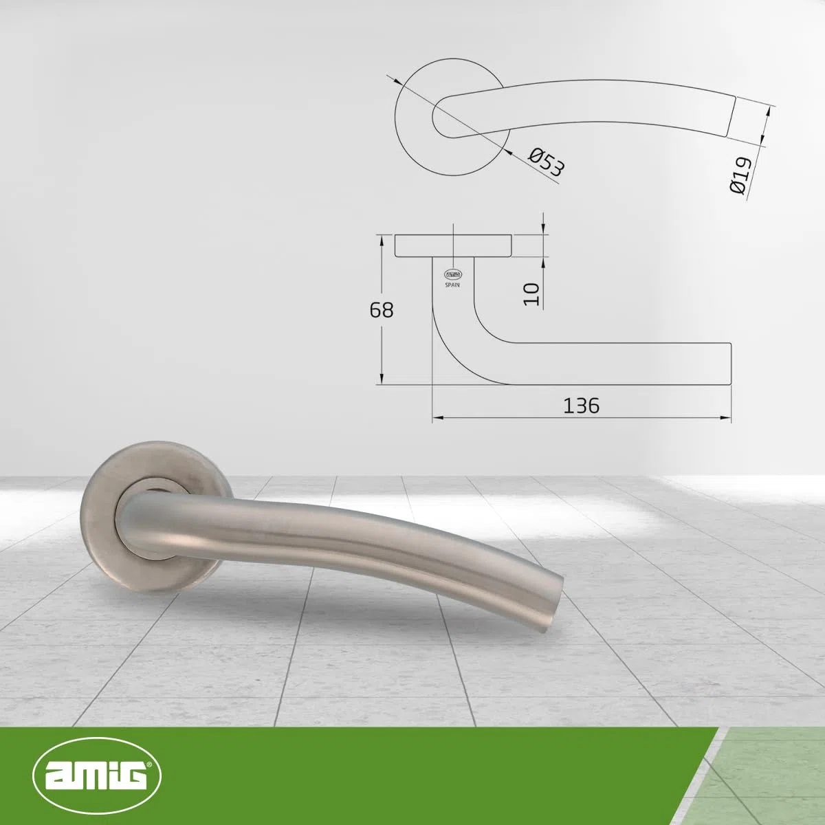 Amig - Maniglia con Rosetta 19ED con Interno in Ottone - Acciaio Inossidabile - Misura: 53mm - Quadrettino di 8 mm - Opaco