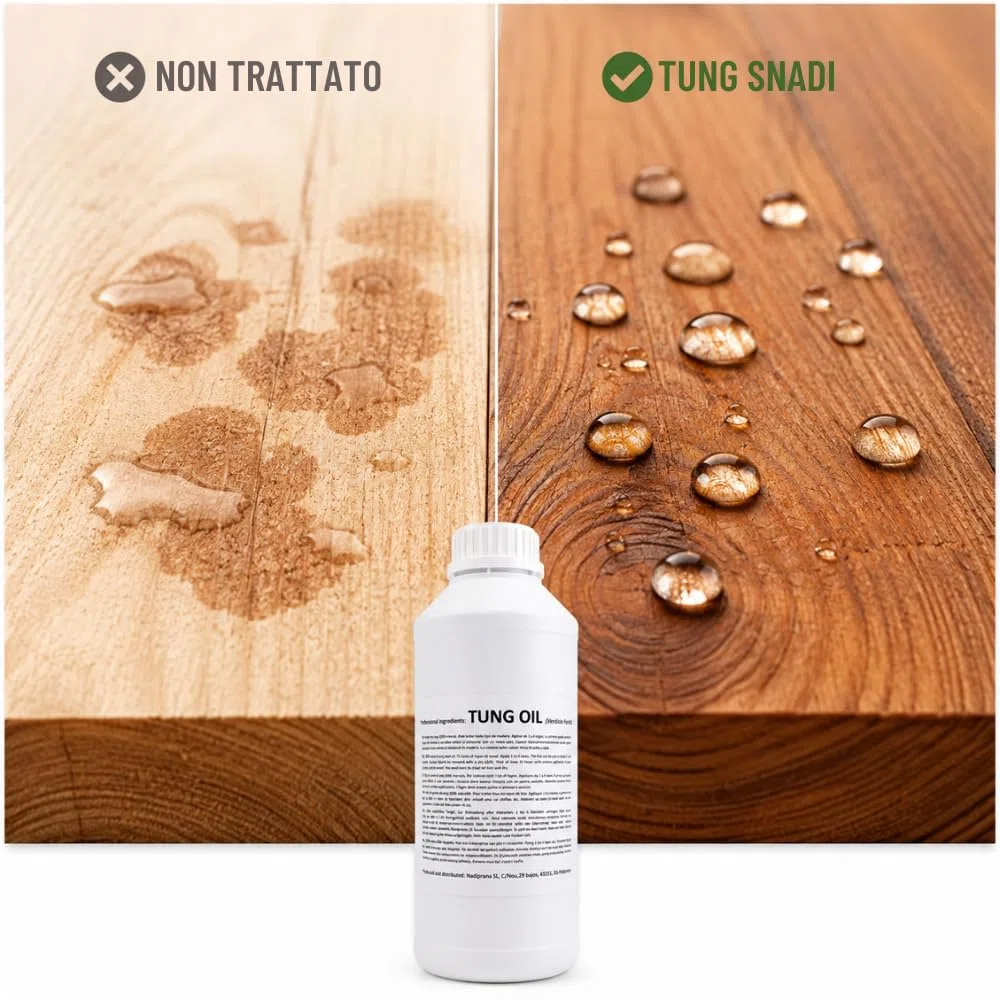 1 litro Olio di tung puro al 100% | Cura del legno naturale per interni ed esterni | Non altera il colore lasciando uno strato impermeabile molto resistente. - Snadi
