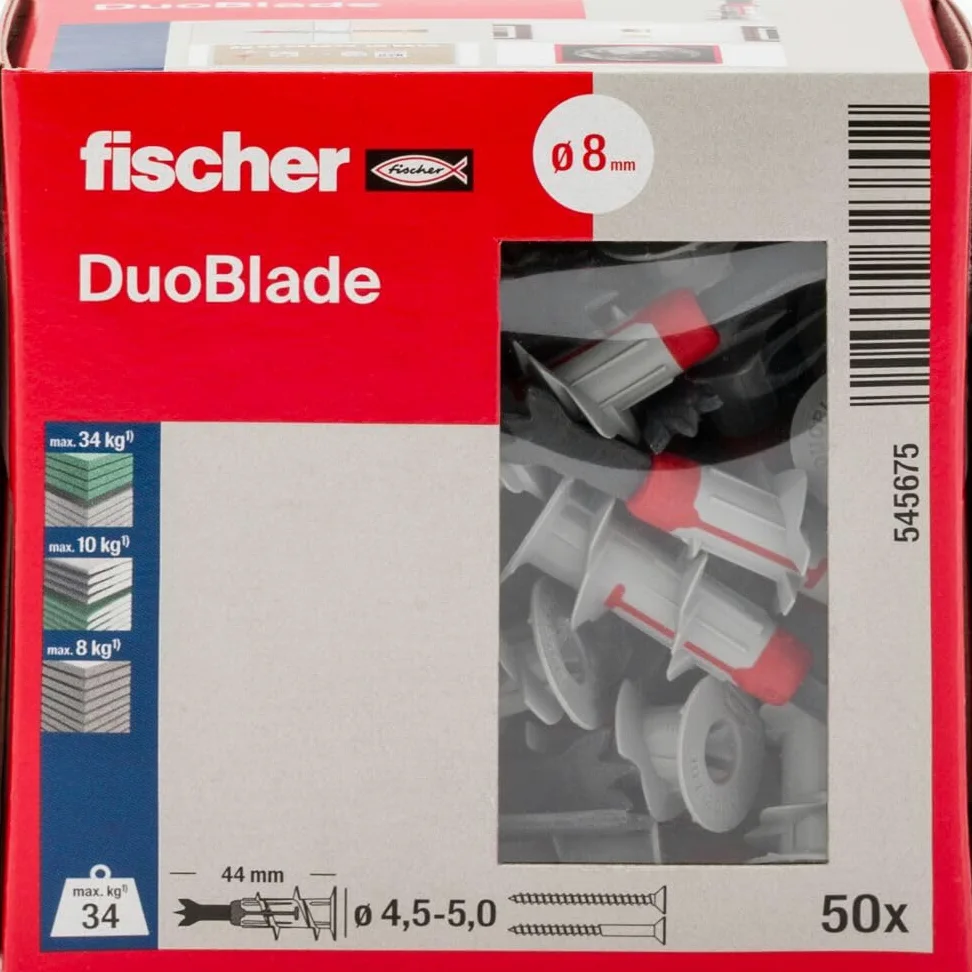Fischer Duoblade, Tasselli Autoforanti Espandenti per Cartongesso, Grigio/Rosso, 50 Pezzi