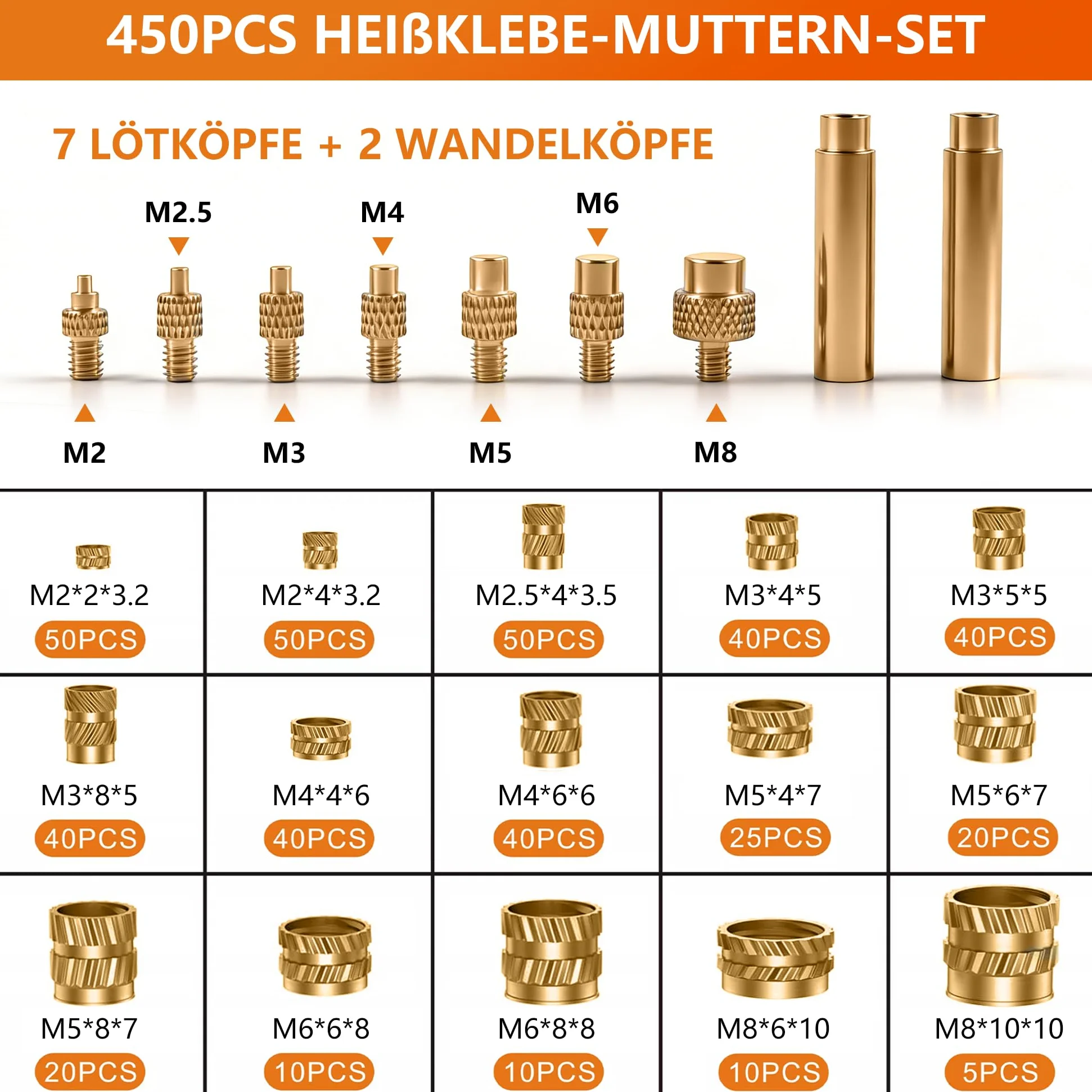 Set di 450 inserti filettati, set di punte per saldatura, con temperatura regolabile, con 7 punte per saldatura e 2 adattatori e supporto per saldatore e pinzette, 450 inserti filettati M2 M2.5 M3 M4