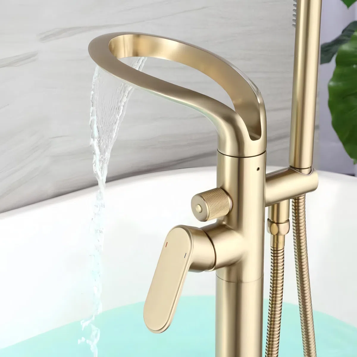 Grifo de bañera de Pie, mezclador de baño Tipo Cascada, cabezal de ducha de Mano para bañera, montaje en suelo, latón Negro (Oro cepillado-B)