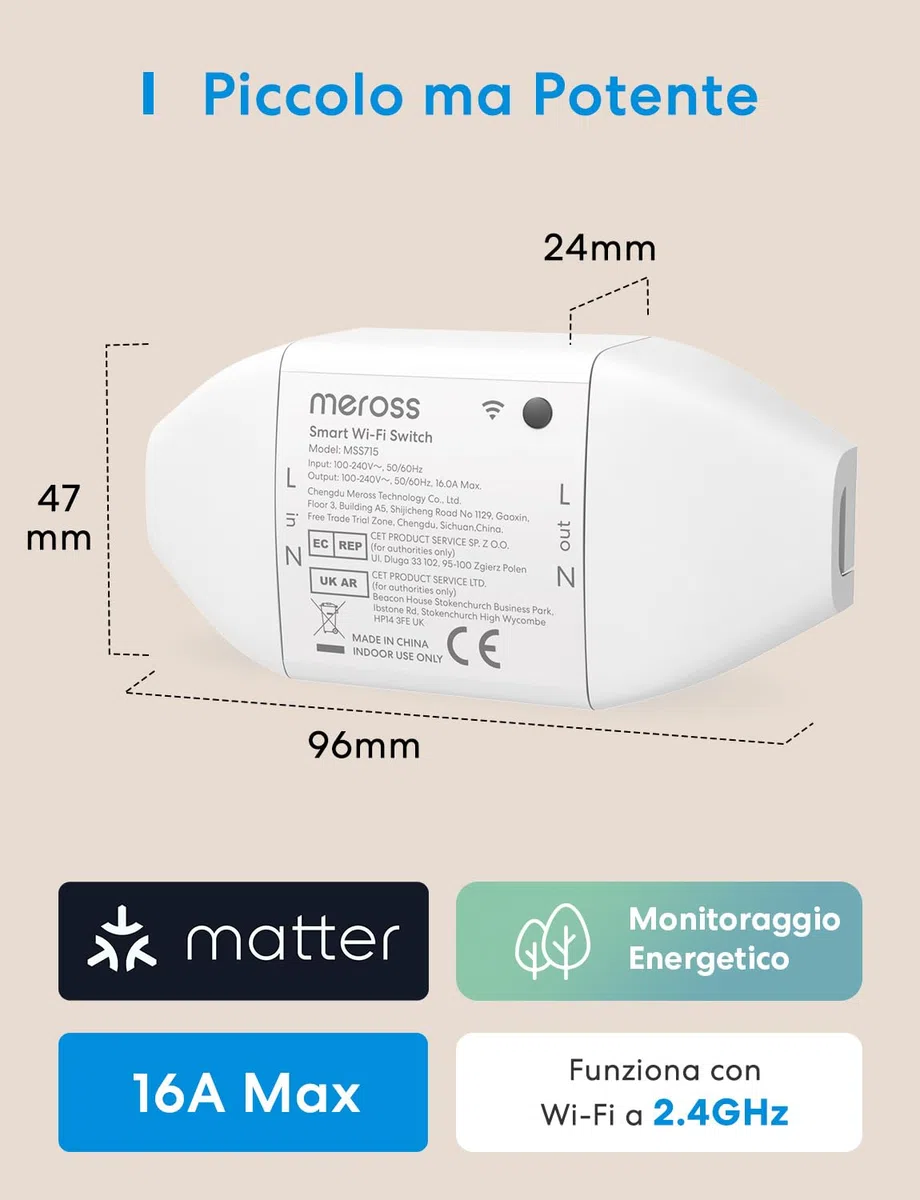 Meross Interruttore WiFi Matter, 16A Smart Switch con Matter Simple Setup (MSS) e Monitoraggio Energetico, Interruttore Intelligente Compatibile con Apple Home, Alexa e Google Home, 2 Pezzi