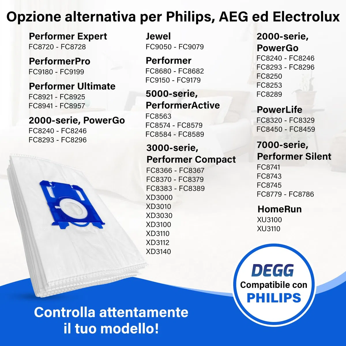 DEGG Sacchetti Aspirapolvere, 20 PEZZI, Compatibile con Philips, AEG ed Electrolux, Sacchetti S-BAG, Ricambio: FC8021, GR201S e E200S, Accessori Aspirapolvere, Qualità Premium