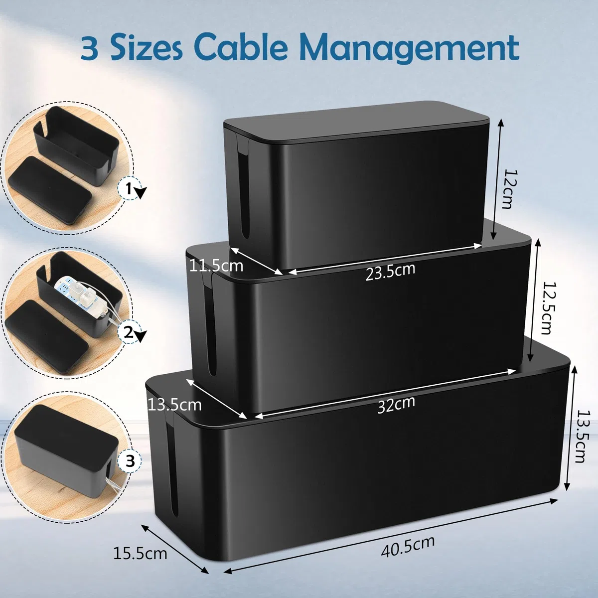 Lannvan Scatola di Gestione dei Cavi,Set da 3 Scatola per Cavi,Scatola Portacavi,Scatola di Immagazzinaggio del Filo per Nascondere i Cavi,Scatola Cavi per Organizzare Cavi per USB e Multipresa, Nero