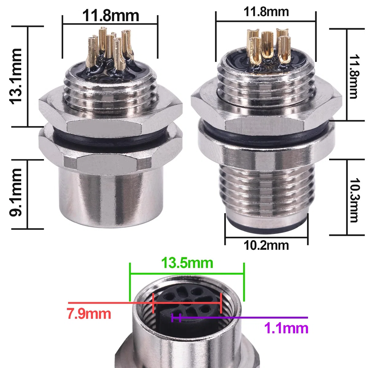 M12 5 poli Maschio + Femmina Connettore Sensore Maschio, Spina Filettata, Presa a Flangia Rotonda Industriale Aerospaziale, Spina in Metallo, Impermeabile IP67, 2 pezzi