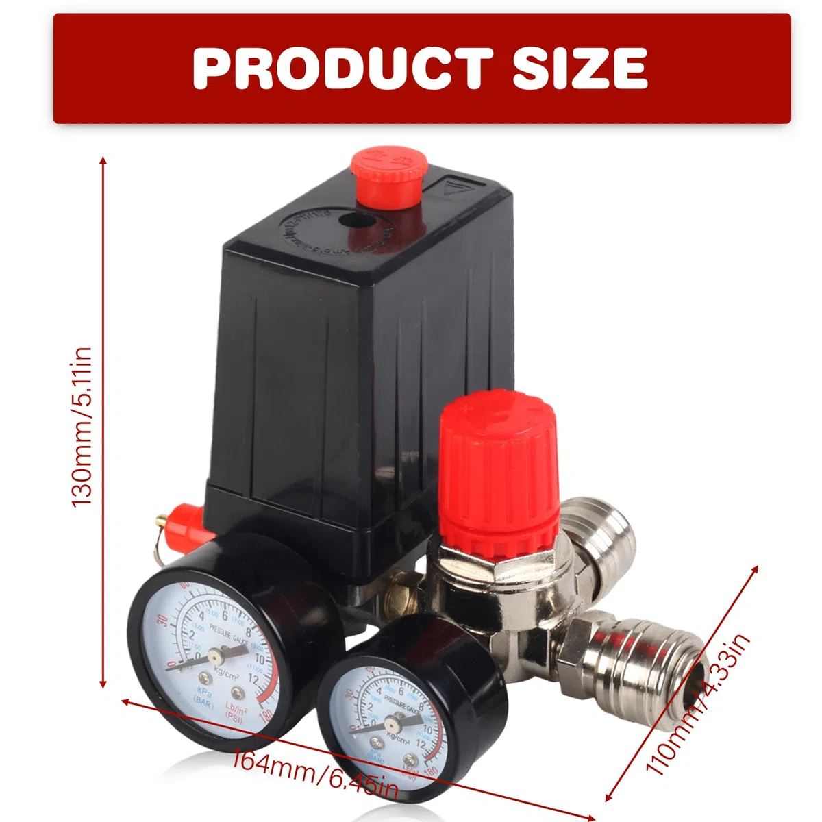 Interruttore di pressione per compressore 220V con regolatore di pressione e 2 manometri, valvola di controllo del compressore d'aria, interruttore del compressore con valvola di sicurezza e giunti
