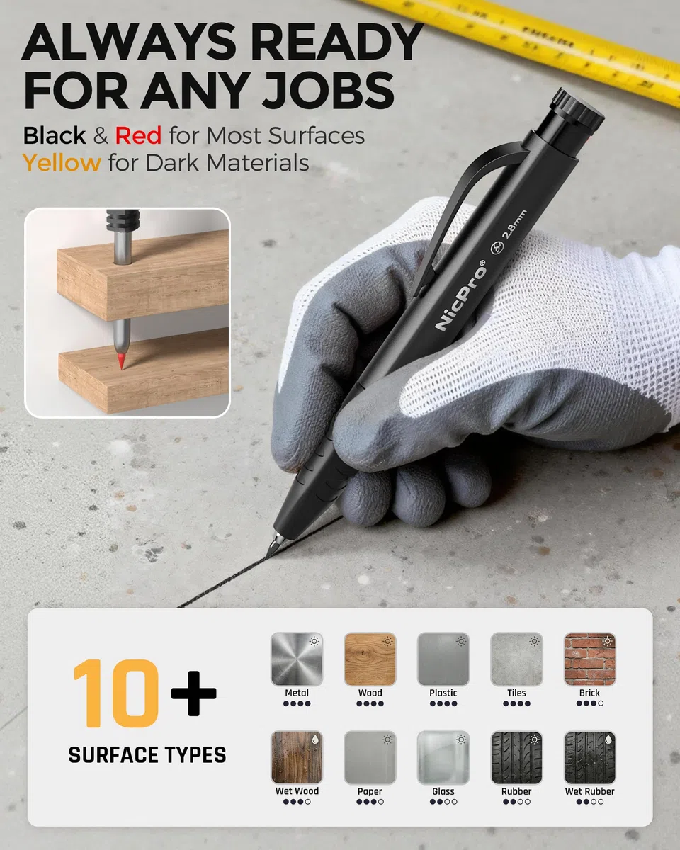 Nicpro 3 Pezzi Matita da Carpentiere con 36 Mina, Matite per Falegname con Impugnature per Le Dita Rimovibili, Carpentiere Matita per Lavorazione Legno, Architetti, Muratori(Nero, Rosso, Giallo)