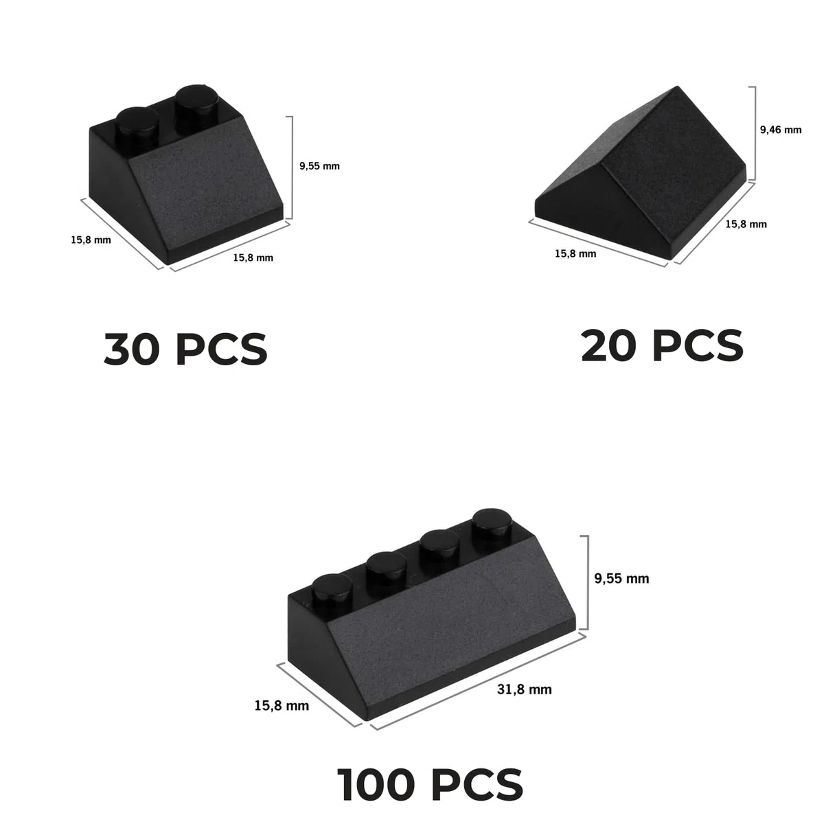 Scatola con miscela di tegole | 150 pezzi | Forme: 2 x 2 e 2 x 4 | Colore: nero traffico | Compatibile con i comuni marchi di mattoncini | Blocchi per costruzioni creative