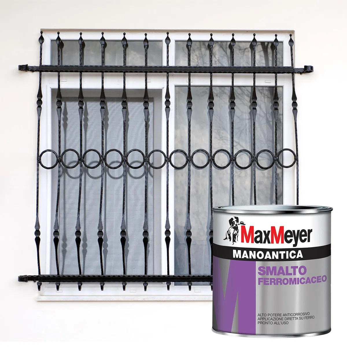 MAXMEYER Manoantica Smalto Ferromicaceo Anticorrosivo, Finitura Antichizzante per Ferro, Applicazione Diretta, Resistente agli Agenti Atmosferici, Per Cancelli e Inferriate (Nero Grafite, 0,75 Litri)