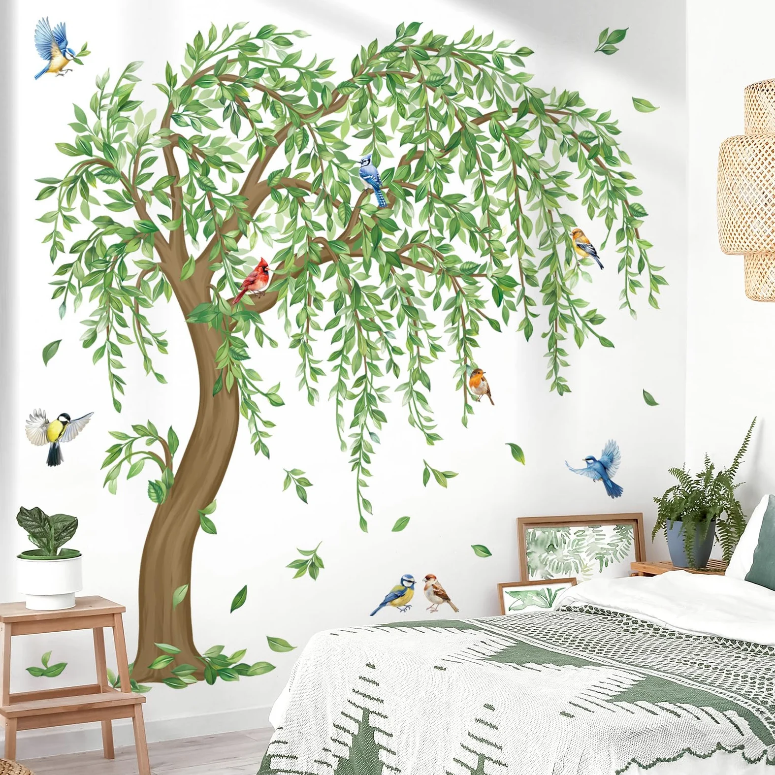 decalmile Adesivi Murali Albero Verde Grande Adesivi da Parete Foglie Verdi Piante Uccelli sul Ramo Decorazione Murale Camera da Letto Soggiorno Ufficio Divano