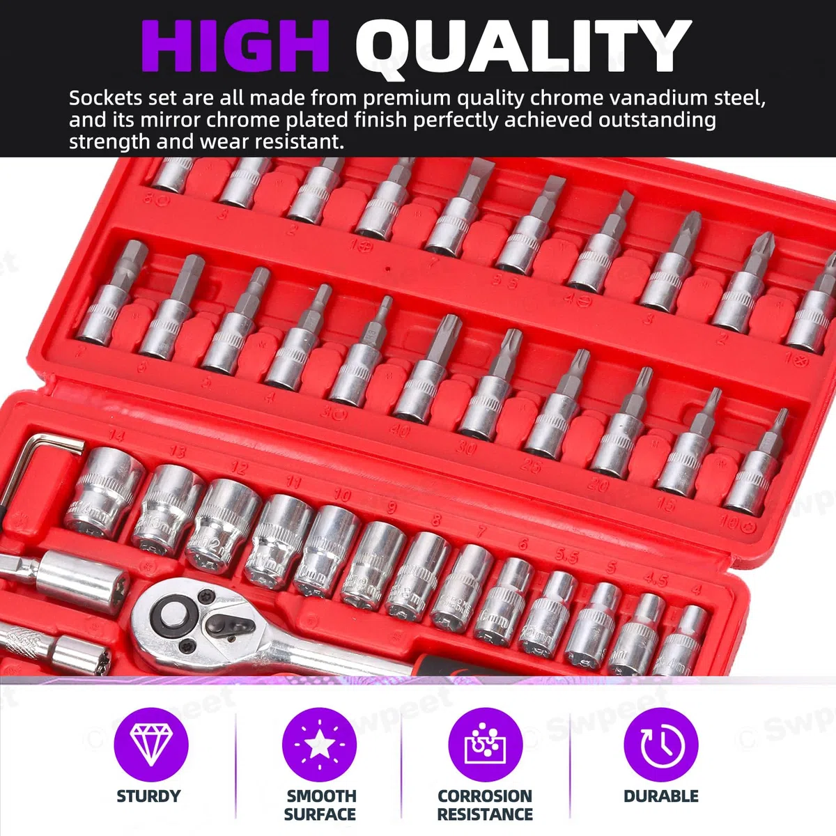 Swpeet Set di 46 chiavi a cricchetto da 1/4" e bussole con custodia, kit assortito, metrico e barra di estensione per riparazione auto e casa