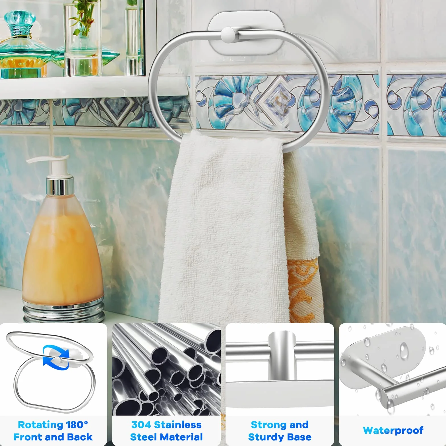 Accessori Bagno Set di 5 - Porta Asciugamani Bagno Adesivo, Porta Carta Igienica, Anello Portasciugamani, Ganci Adesivi, Argento