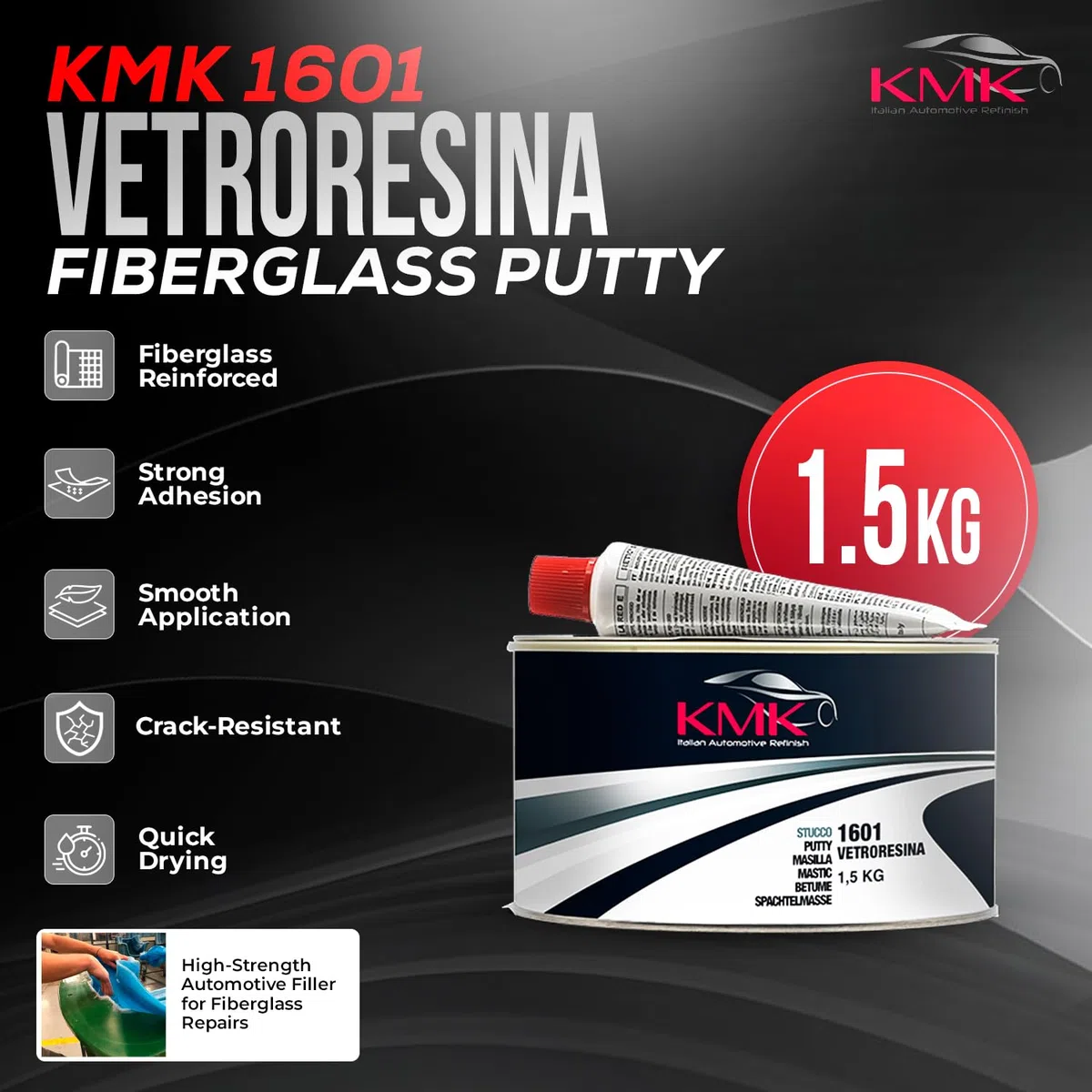 Stucco vetroresina con indurente 1,5 KG KMK | Rinforzato con fibre di vetro | Professionale per carrozzeria