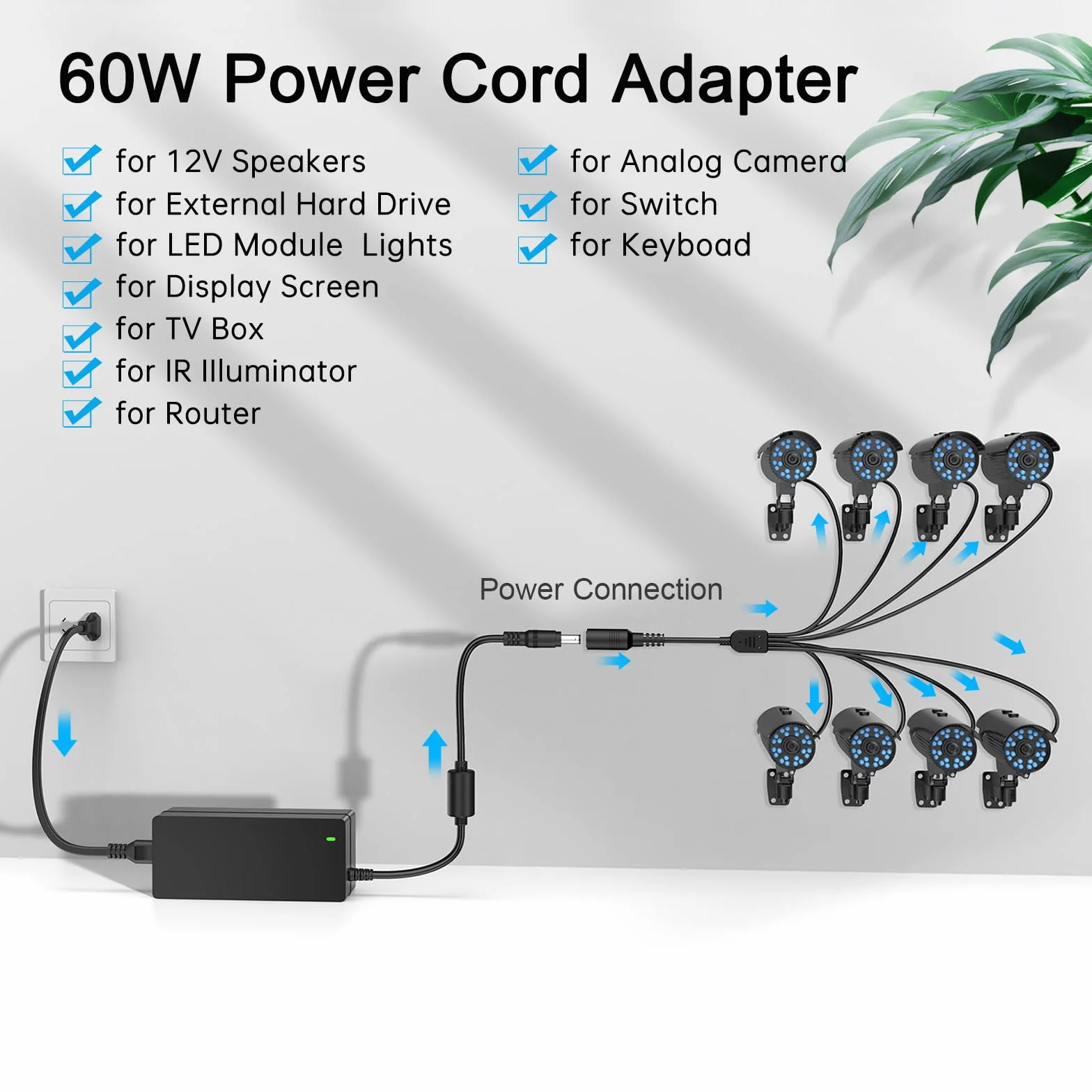 Alimentatore di rete CCTV da 12 V, 5 A, 12 Volt, 5 Ampere, con cavo splitter di potenza a 8 vie, compatibile con Lorex, Samsung, Q-See, Night Owl, Swann, Annke IP e BNC