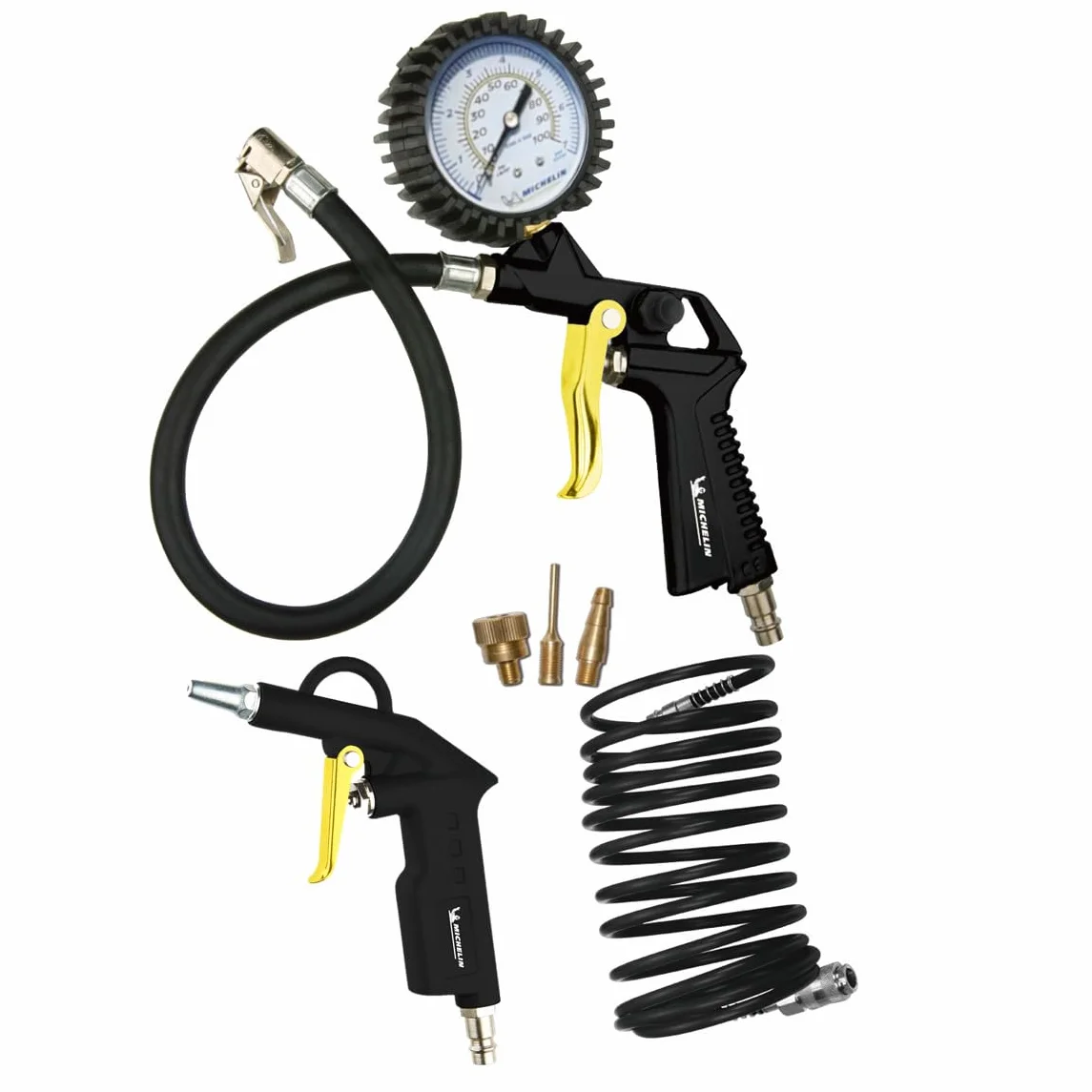 MICHELIN - Kit aria compressa 3 pezzi (Include pistola di gonfiaggio con manometro, tubo flessibile a spirale da 5 m, pistola di soffiaggio corta) - Pressione massima : 8 bar