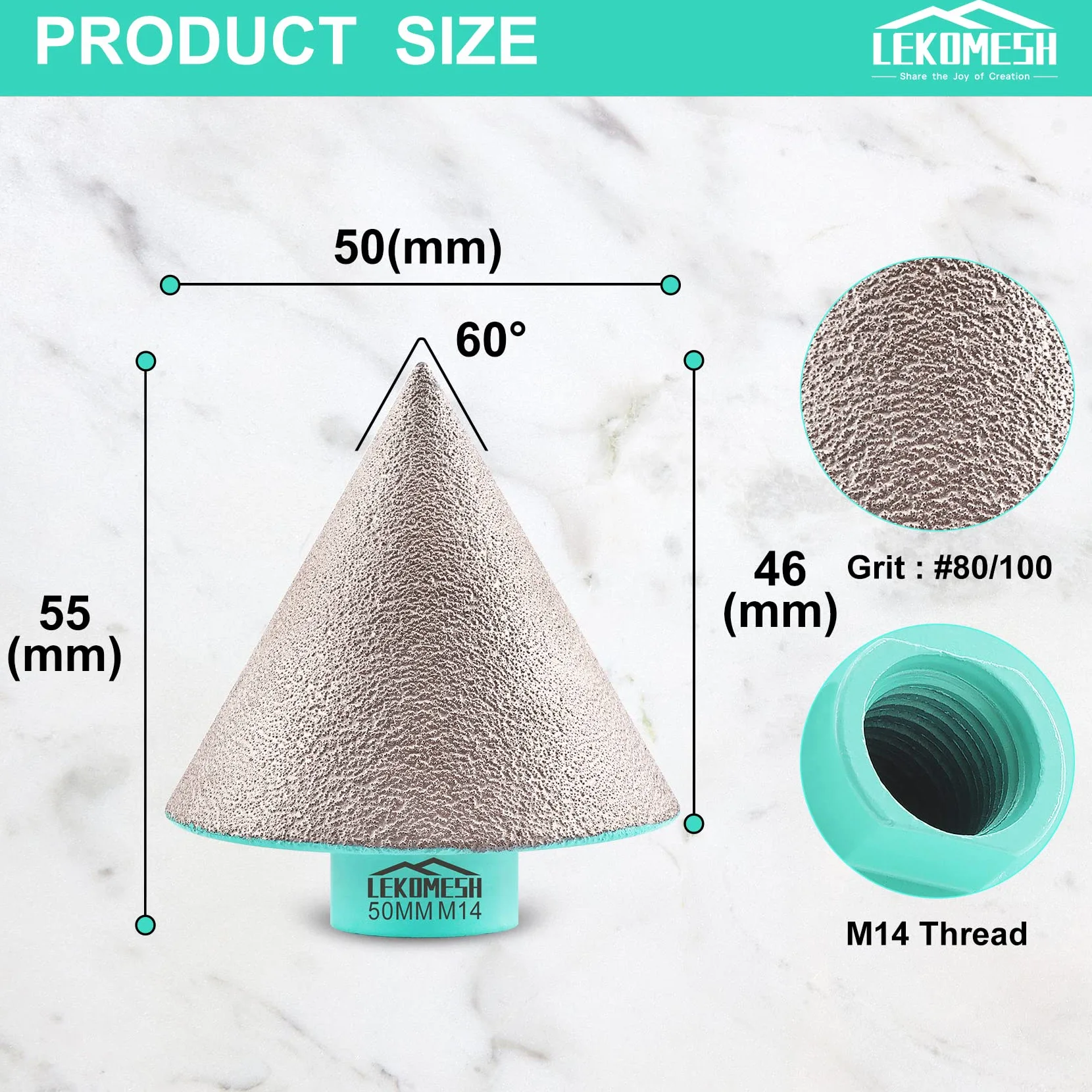 Fresa Diamantata 50mm x M14 LEKOMESH - Punte per Smusso, Smussatura Allargare Forma Fori in Ceramica Porcellana Piastrella Marmo Granito
