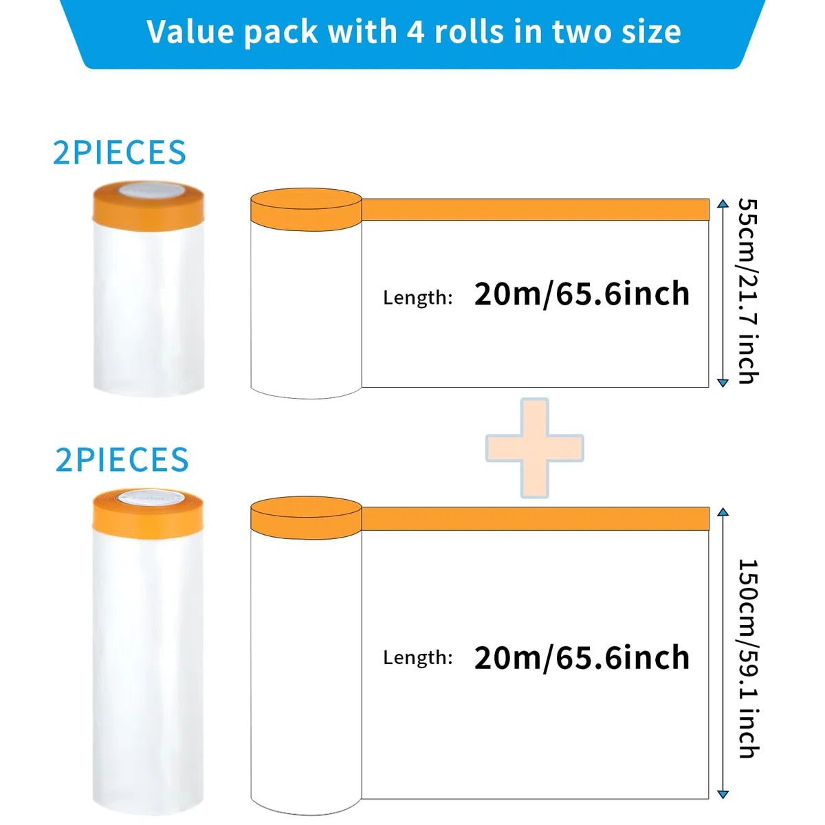 Bafumiu Set di 4 Teli Plastica per Imbiancare (80m totali) – Teli Copritutto per Imbianchino, Teli Plastica per Coprire (2 rotoli 55cm x 20m + 2 rotoli 150cm x 20m) – Teli per Imbiancare Autoadesivi.