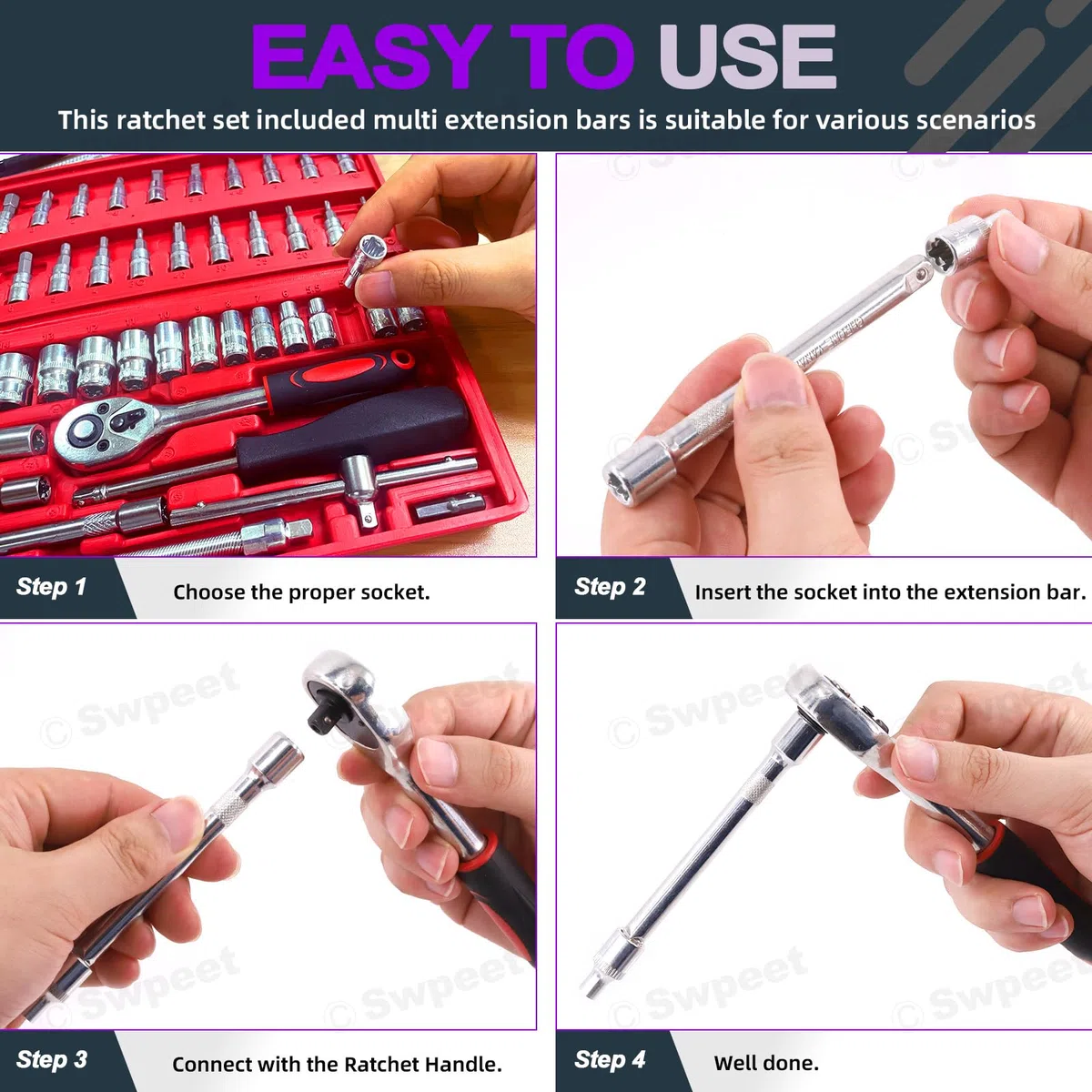 Swpeet Set di 46 chiavi a cricchetto da 1/4" e bussole con custodia, kit assortito, metrico e barra di estensione per riparazione auto e casa